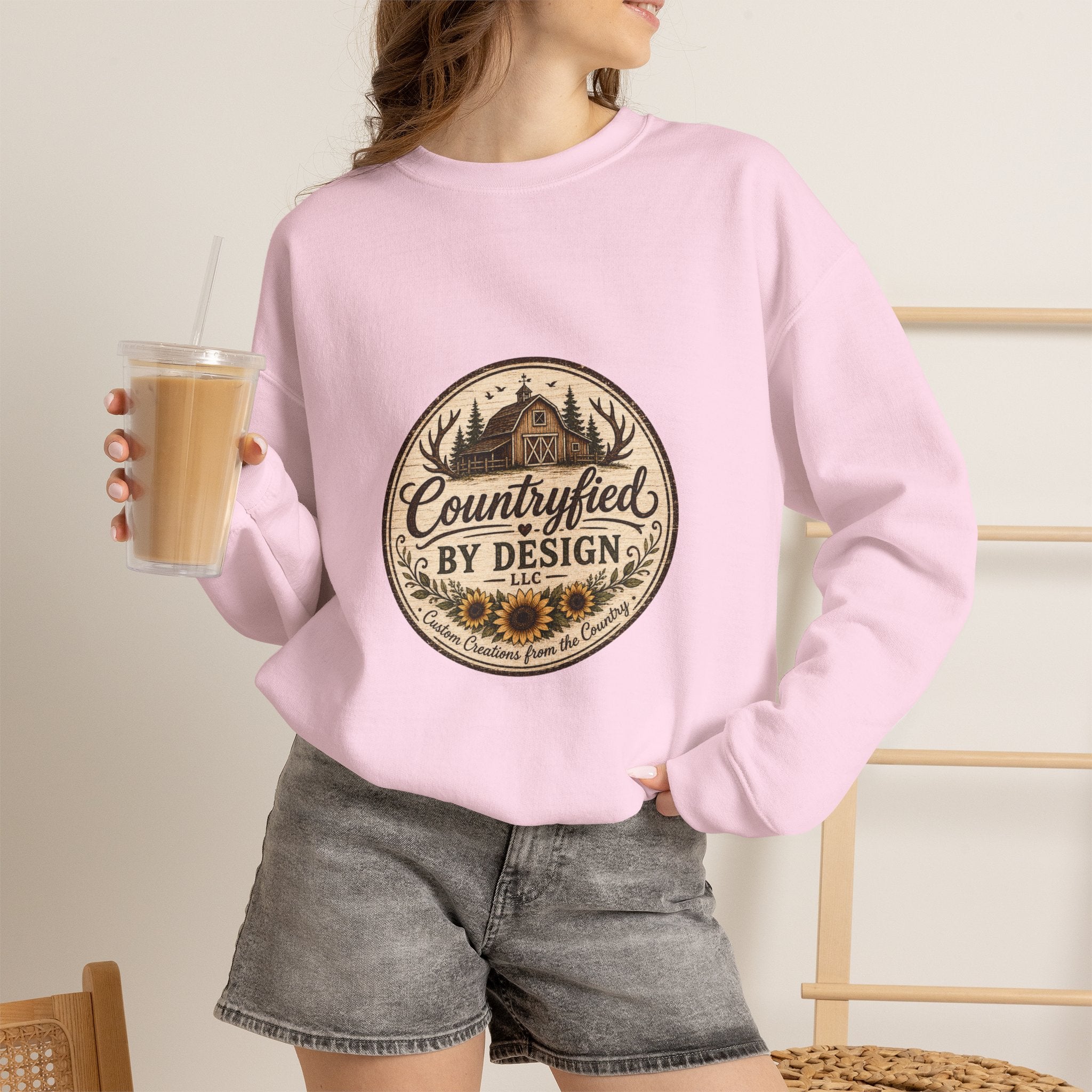 Countryfied By Design Crewneck Sweatshirt — Rustic Farmhouse Graphic Pullover
