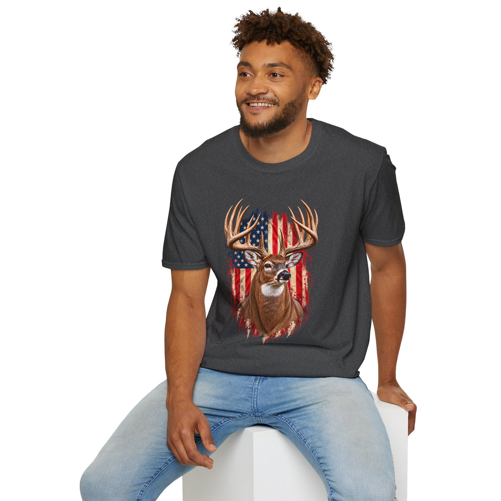 Whitetail Buck American Flag T-Shirt, Patriotic Deer Hunting Tee, Lightweight Cotton