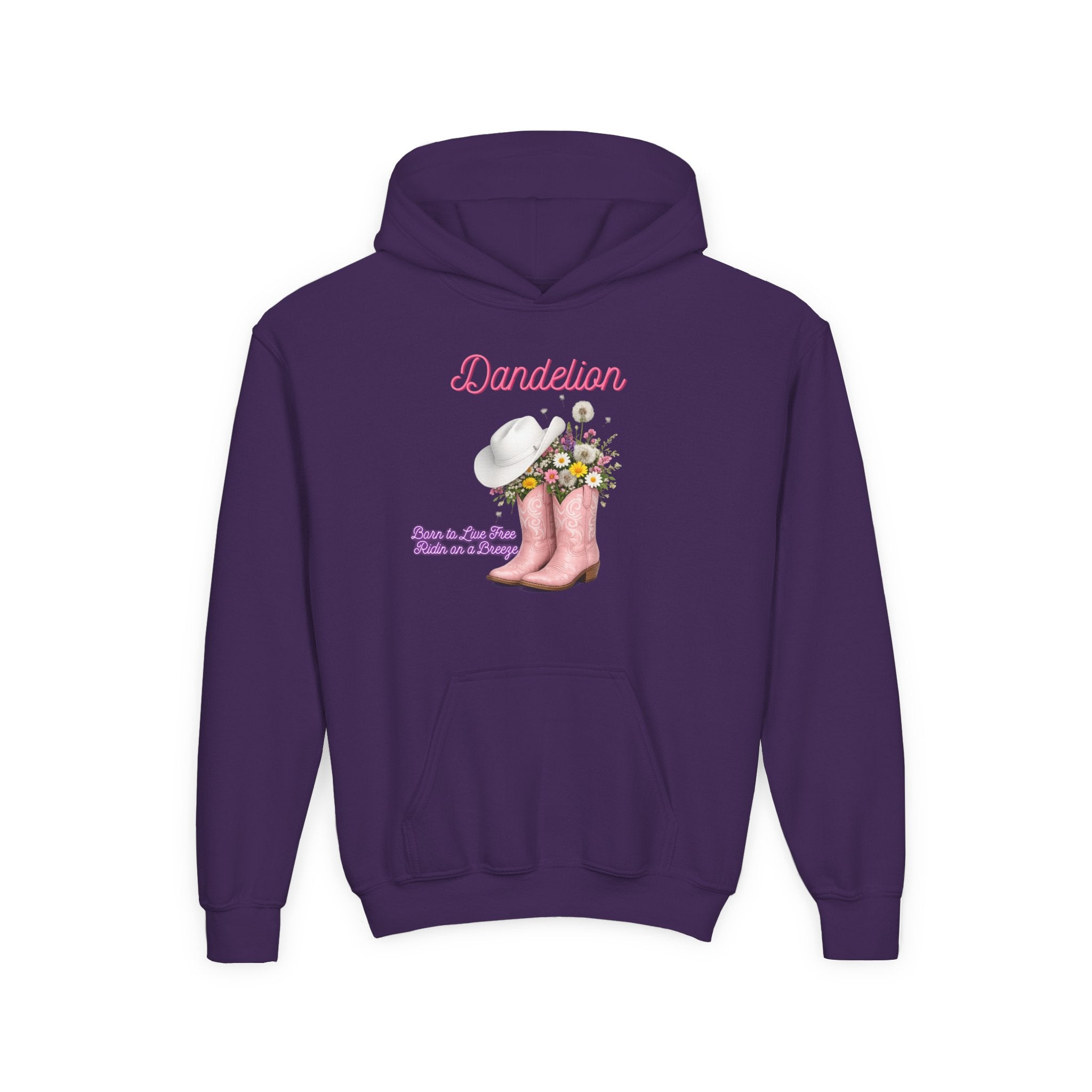 Dandelion Youth Hoodie – Pink Cowboy Boots & Flower Bouquet Kids Sweatshirt