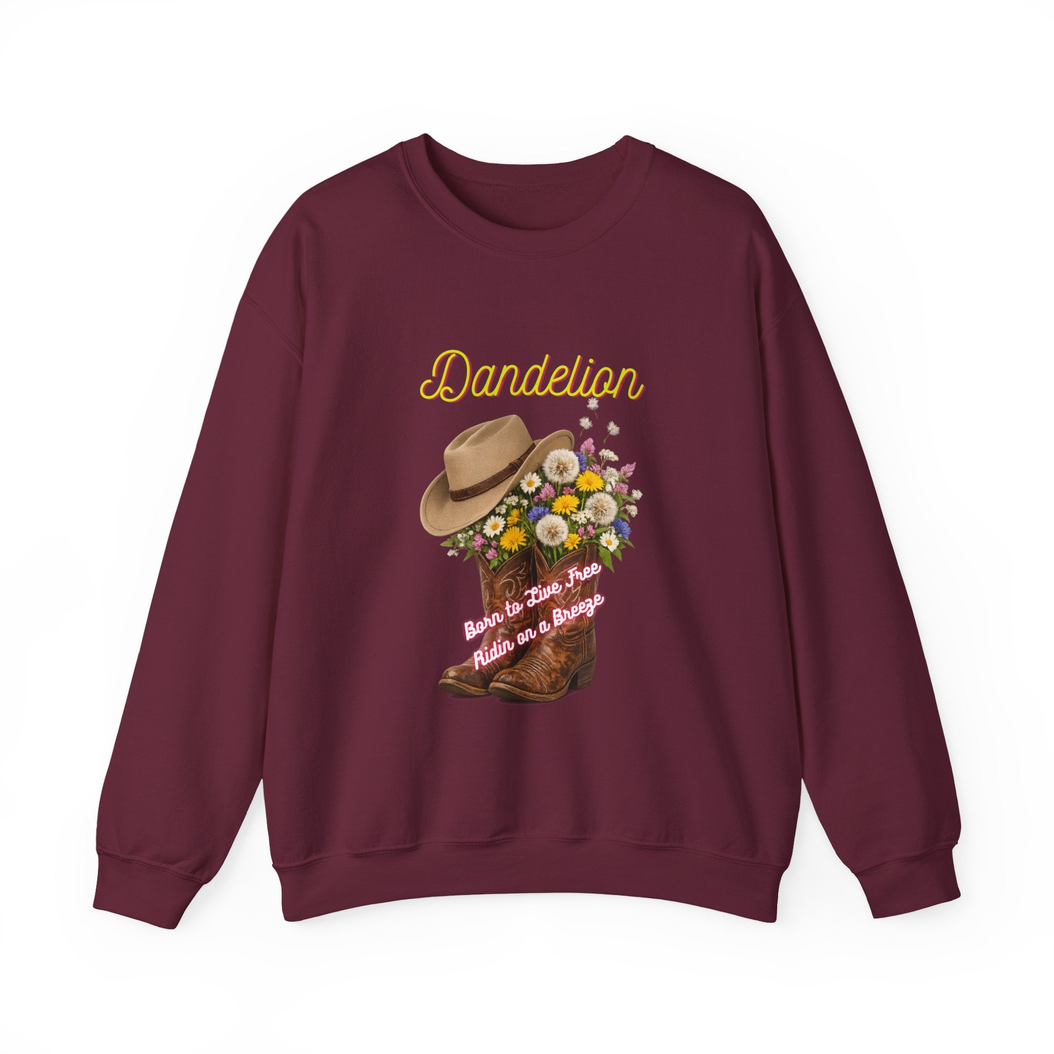 Dandelion Cowboy Boots & Hat Sweatshirt — Floral Western Crewneck