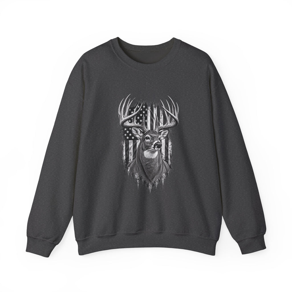 Deer Crewneck Sweatshirt with Distressed American Flag and Black and White Buck Design