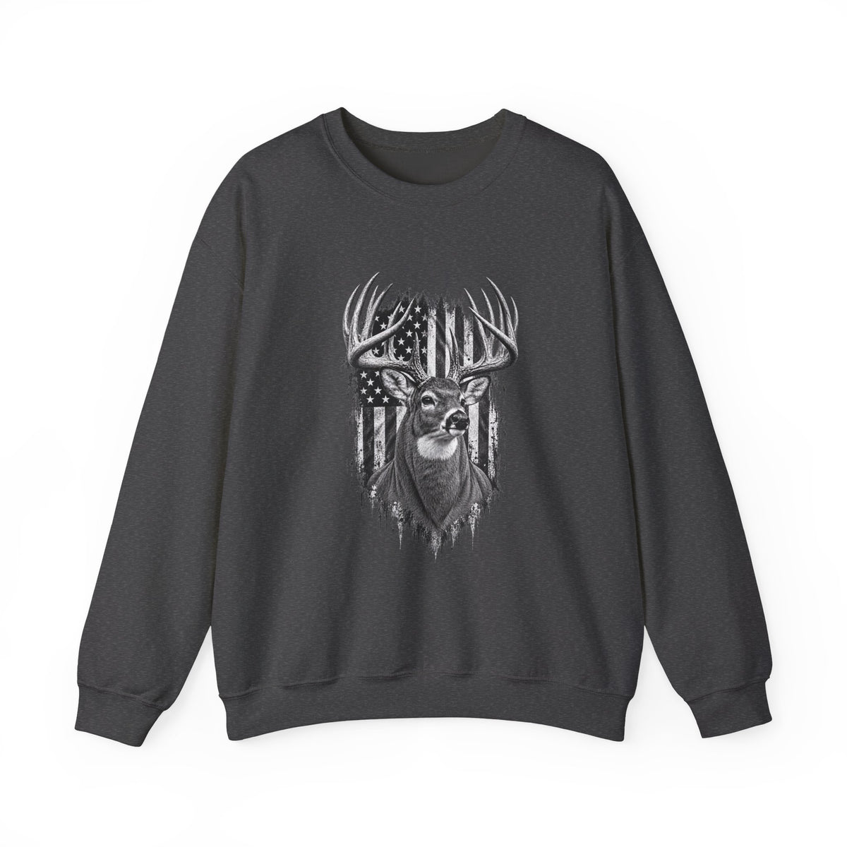 Deer Crewneck Sweatshirt with Distressed American Flag and Black and White Buck Design
