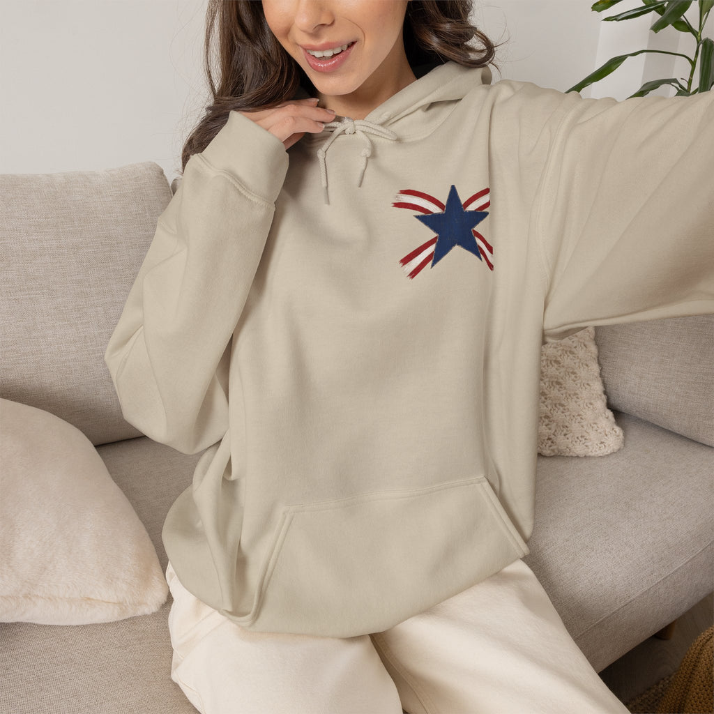 Patriotic Star & Shield Hoodie — USA Flag Graphic Pullover for 4th of July