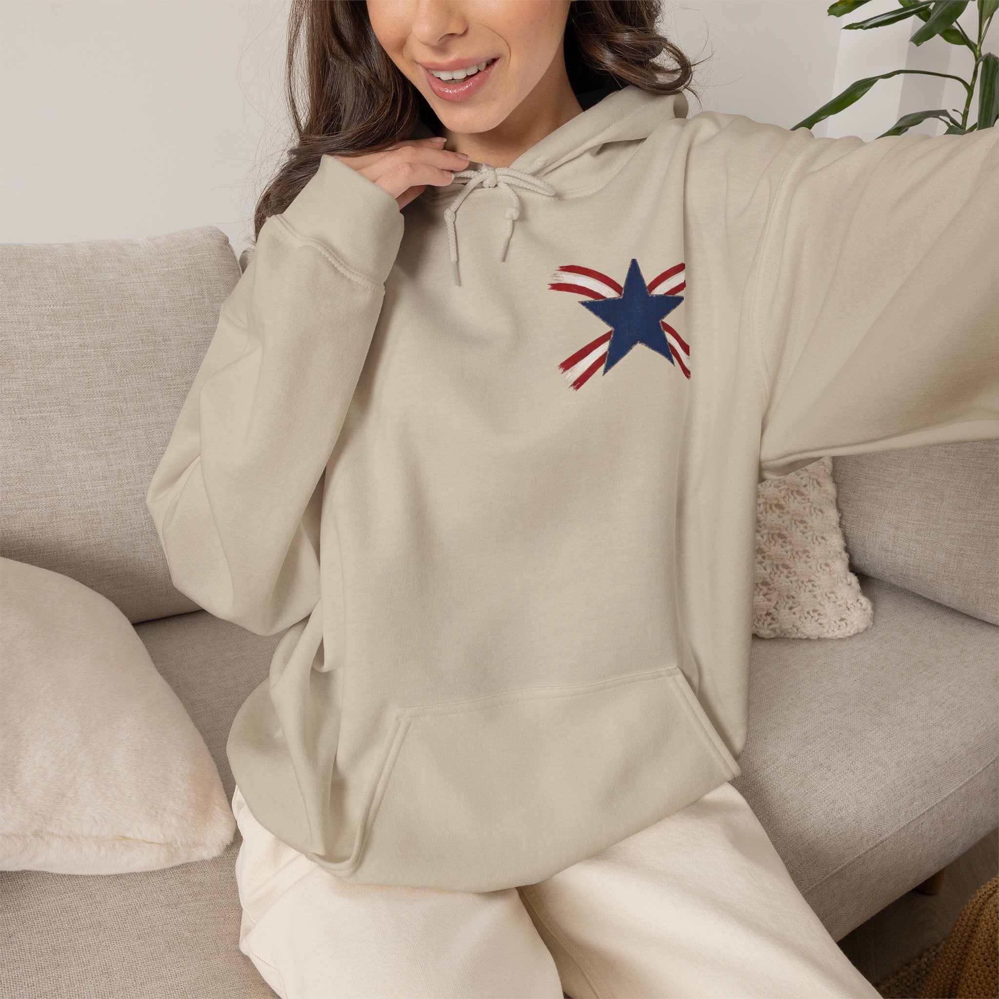 Patriotic Star & Shield Hoodie — USA Flag Graphic Pullover for 4th of July