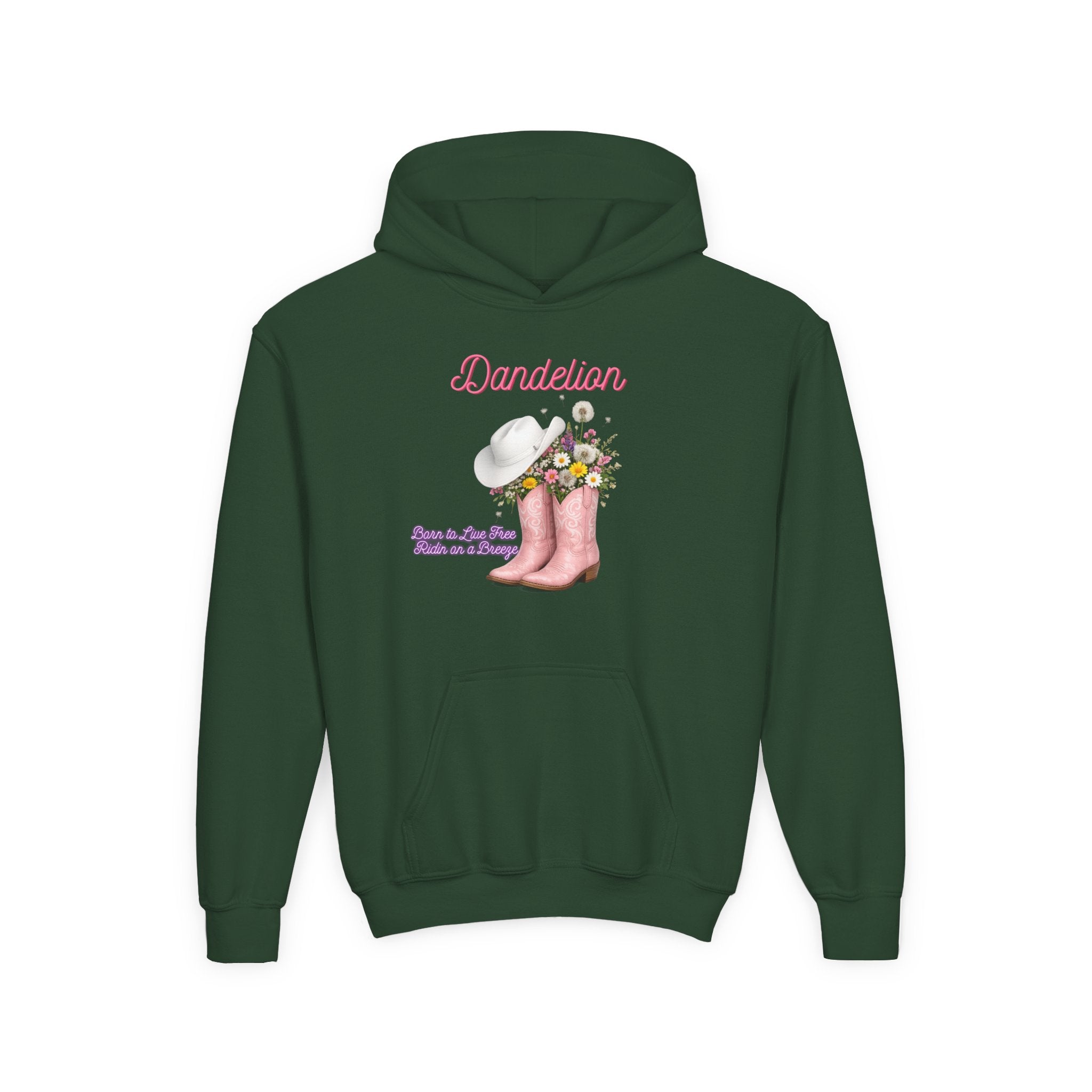 Dandelion Youth Hoodie – Pink Cowboy Boots & Flower Bouquet Kids Sweatshirt