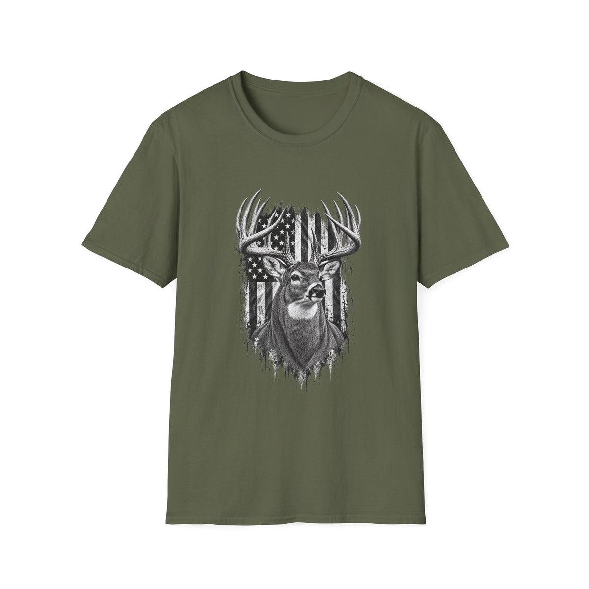 Buck Hunting T-Shirt, Distressed American Flag Deer Graphic Tee, Adult Classic Fit