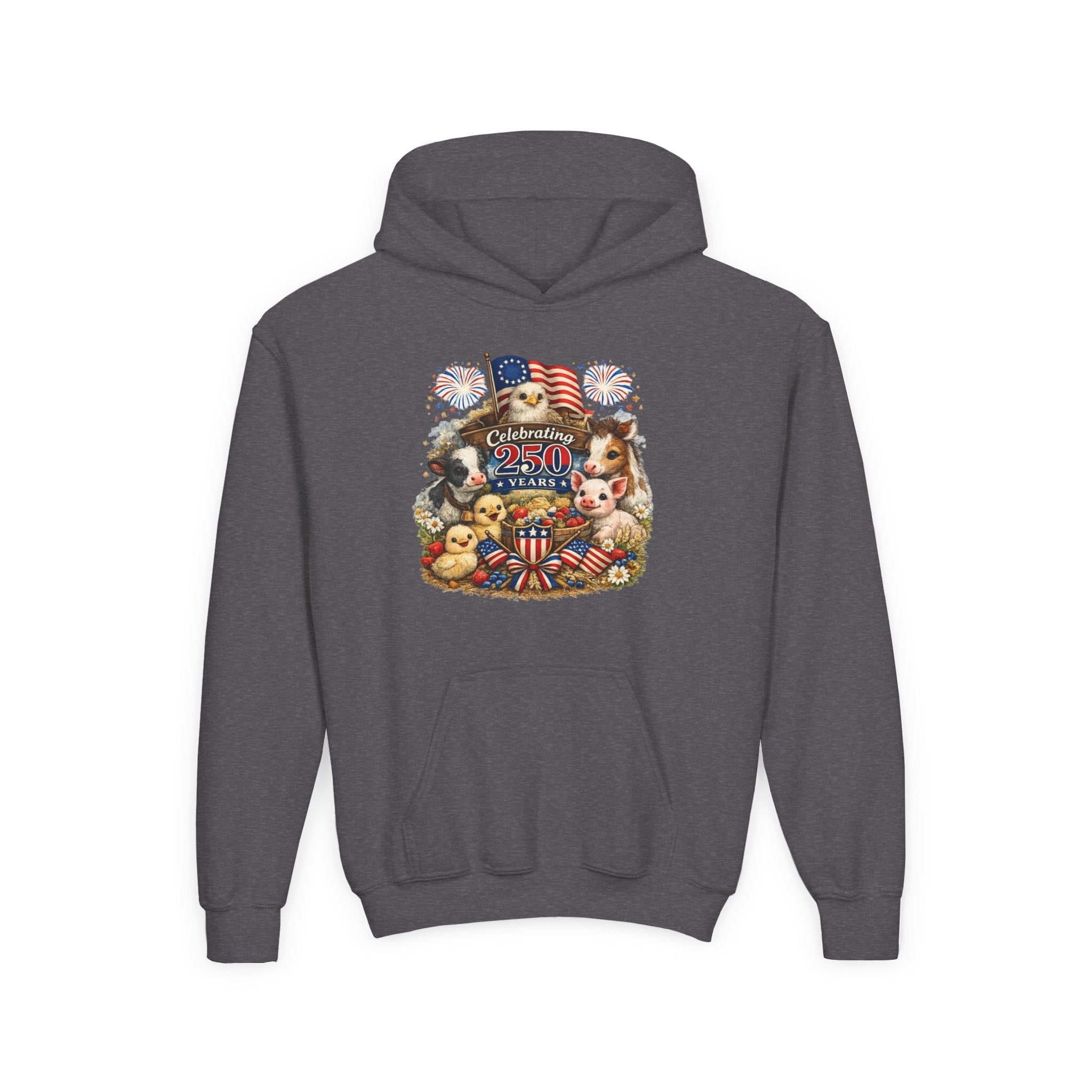Youth 4th of July Hoodie - "Celebrate 250 Years" Cute Patriotic Animals Design