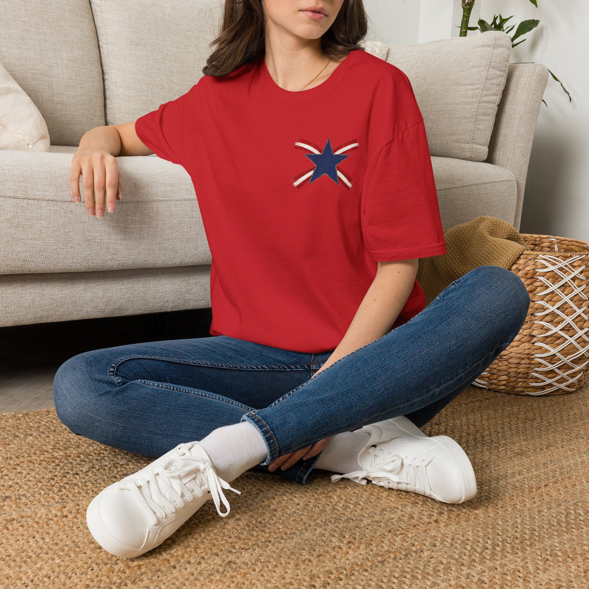 Patriotic Star Tee — Small Distressed Navy Star with Red Stripes