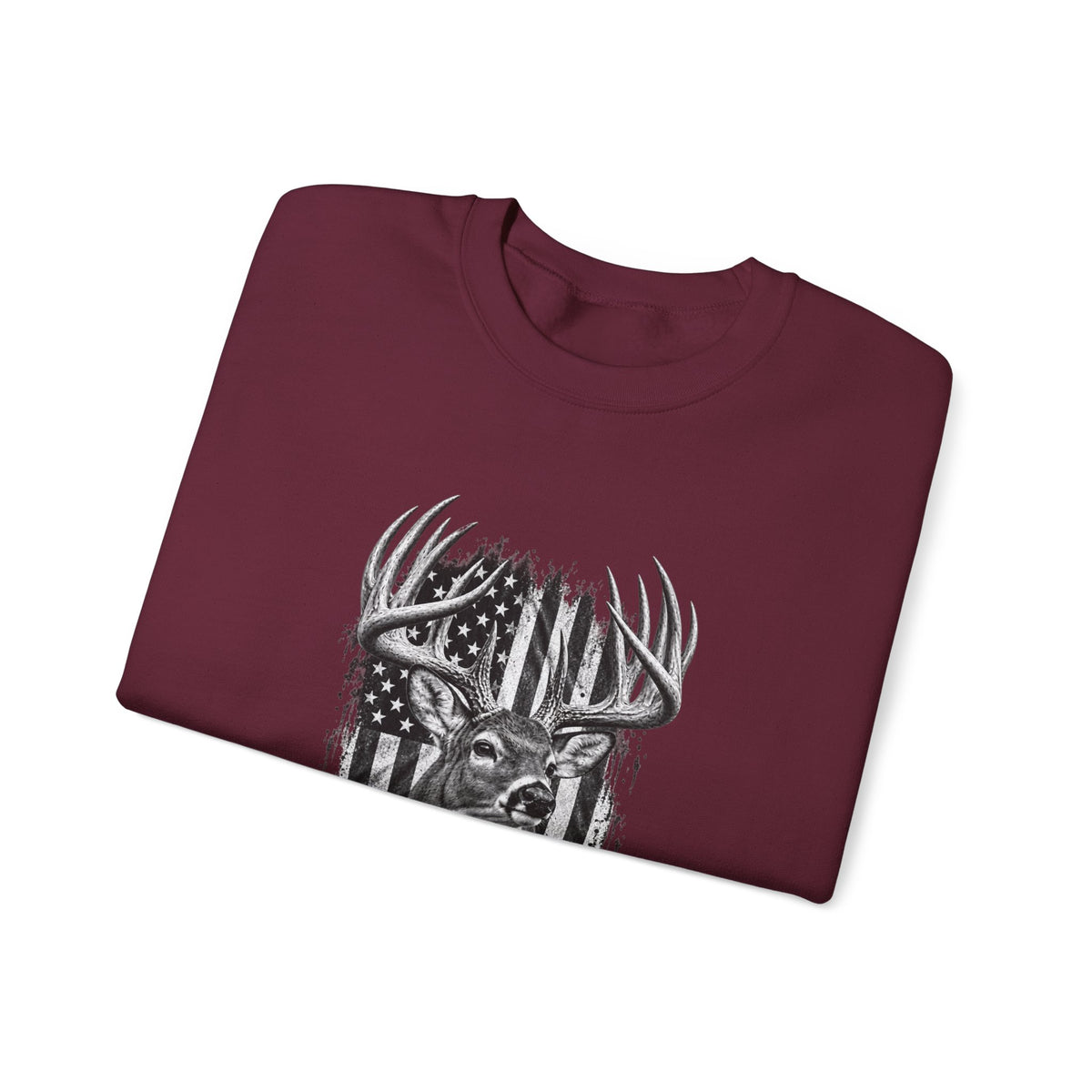 Deer Crewneck Sweatshirt with Distressed American Flag and Black and White Buck Design