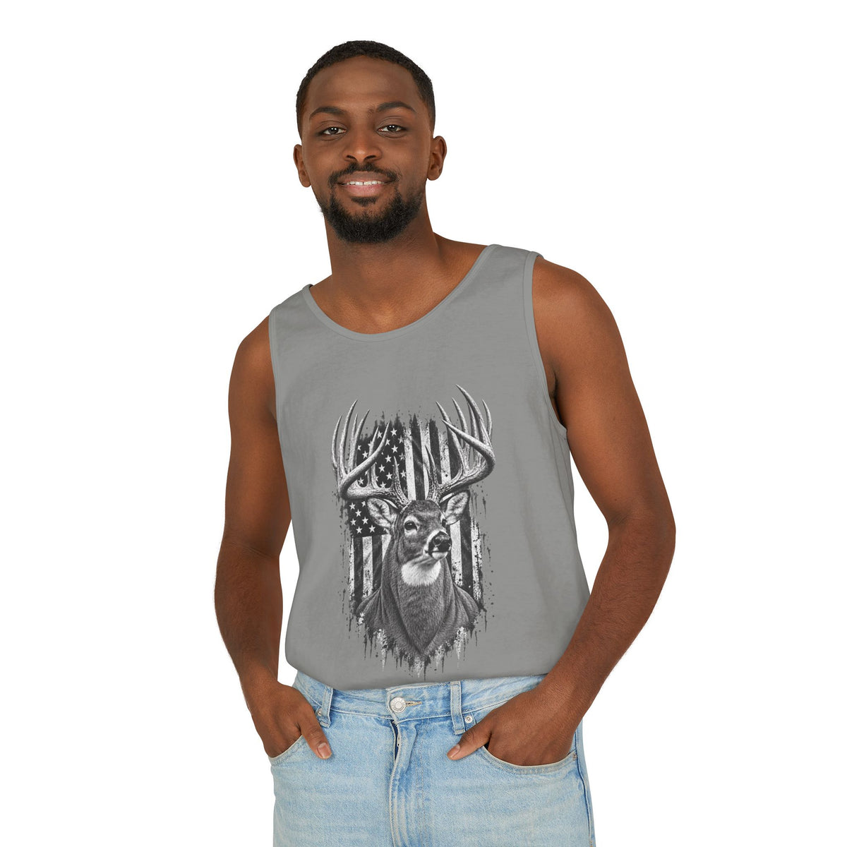 Buck Deer American Flag Tank Top, Garment-Dyed Cotton, Relaxed Fit
