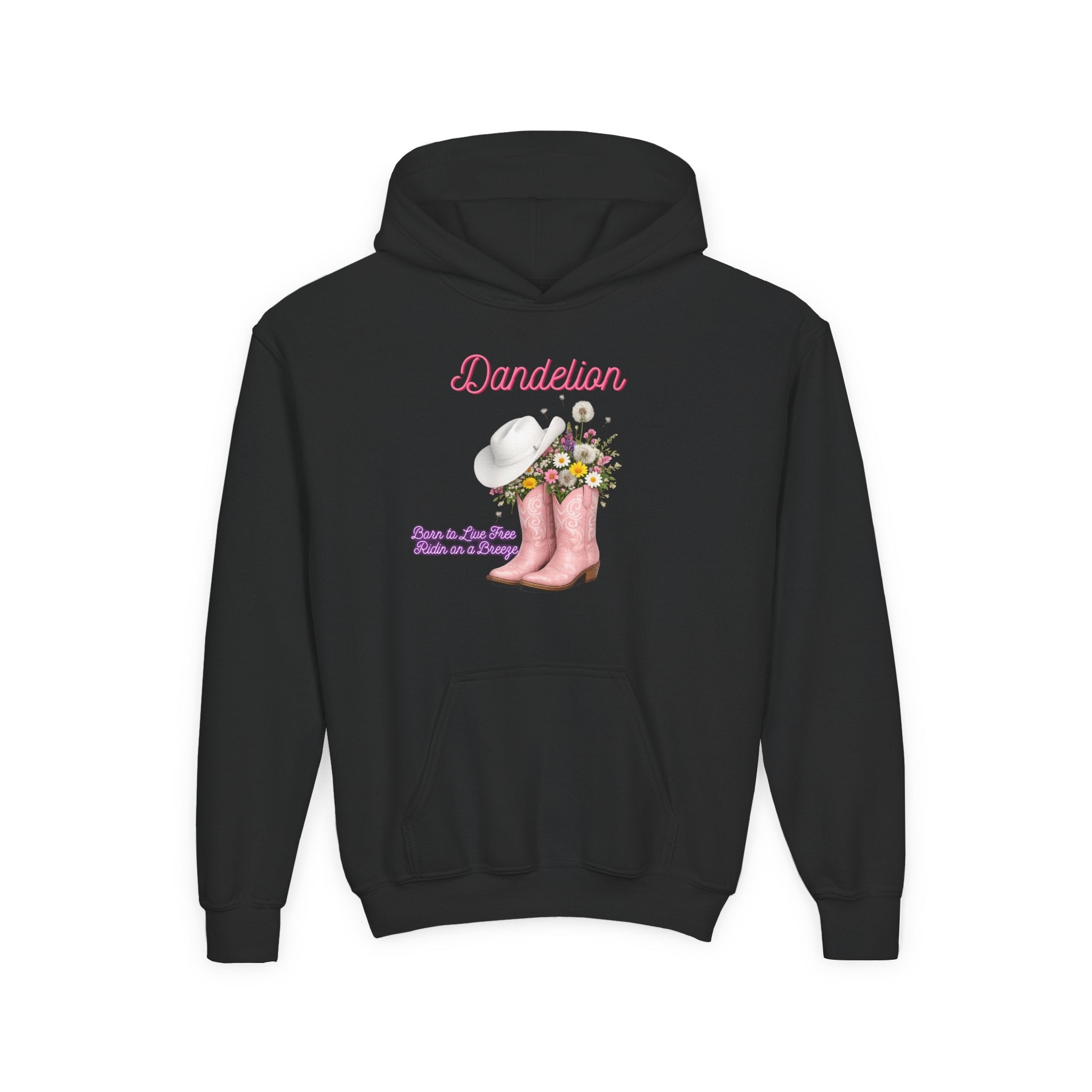 Dandelion Youth Hoodie – Pink Cowboy Boots & Flower Bouquet Kids Sweatshirt