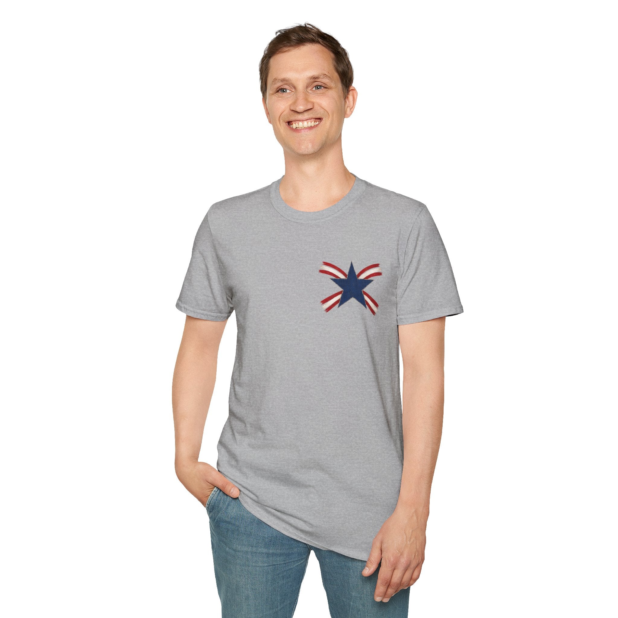 Patriotic Star Tee — Small Distressed Navy Star with Red Stripes