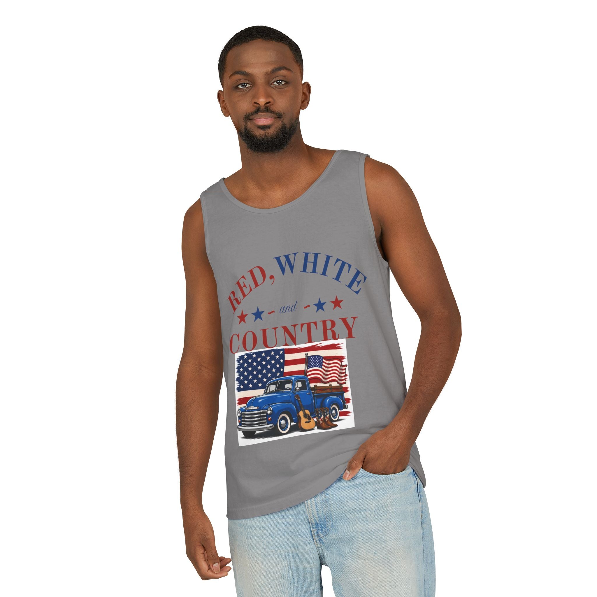 Patriotic Tank Top – "Red, White and Country" Vintage Truck | "Land of the Free" 4th of July Tank
