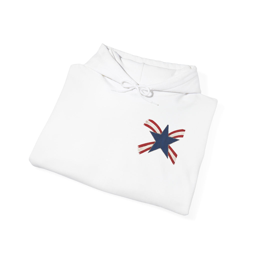 Patriotic Star & Shield Hoodie — USA Flag Graphic Pullover for 4th of July