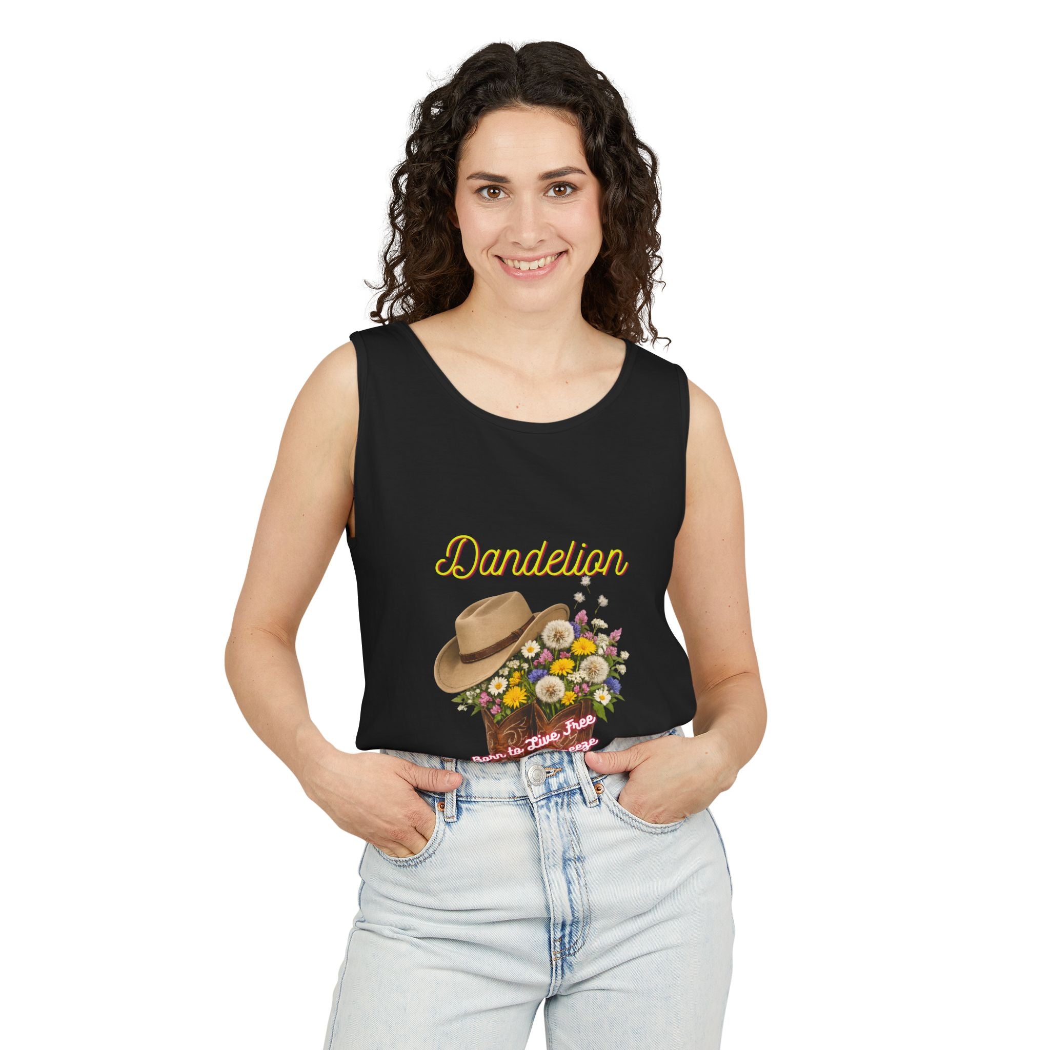 Dandelion Cowboy Boot Tank Top — Floral Western Graphic Summer Tee