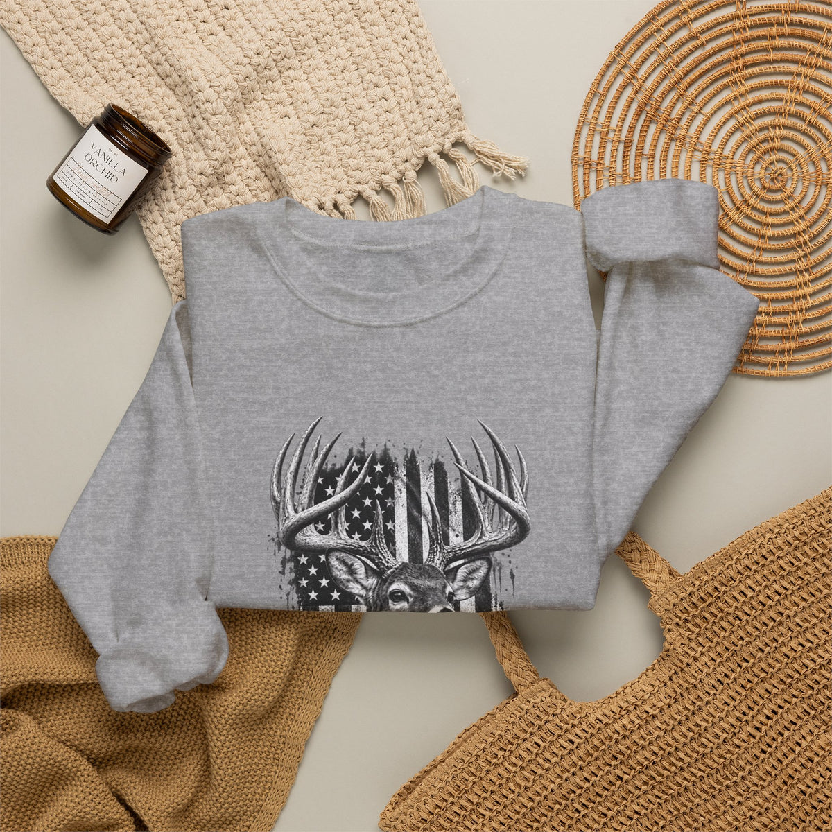Deer Crewneck Sweatshirt with Distressed American Flag and Black and White Buck Design