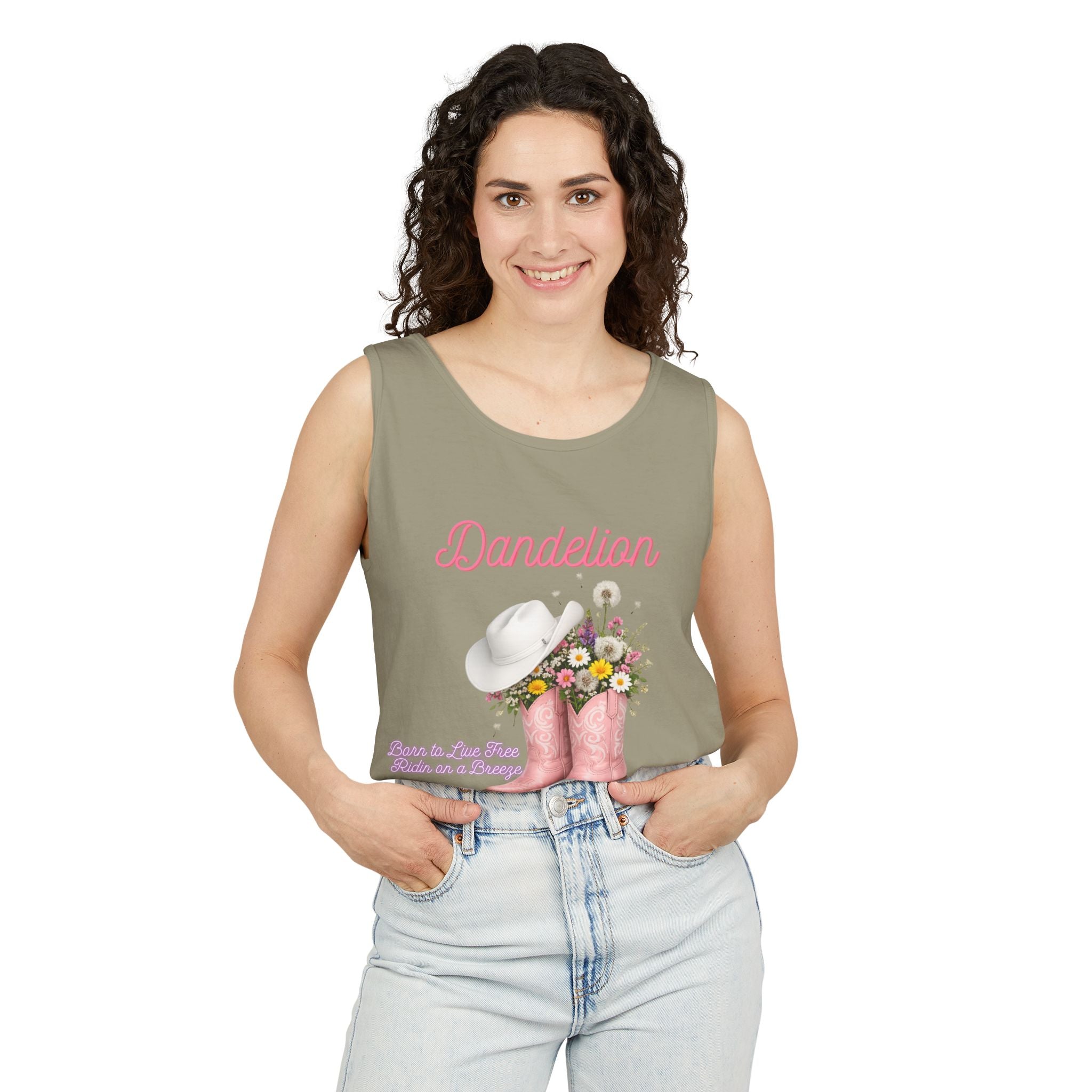 Dandelion Pink Cowboy Boots Tank Top — Floral Western Summer Tee