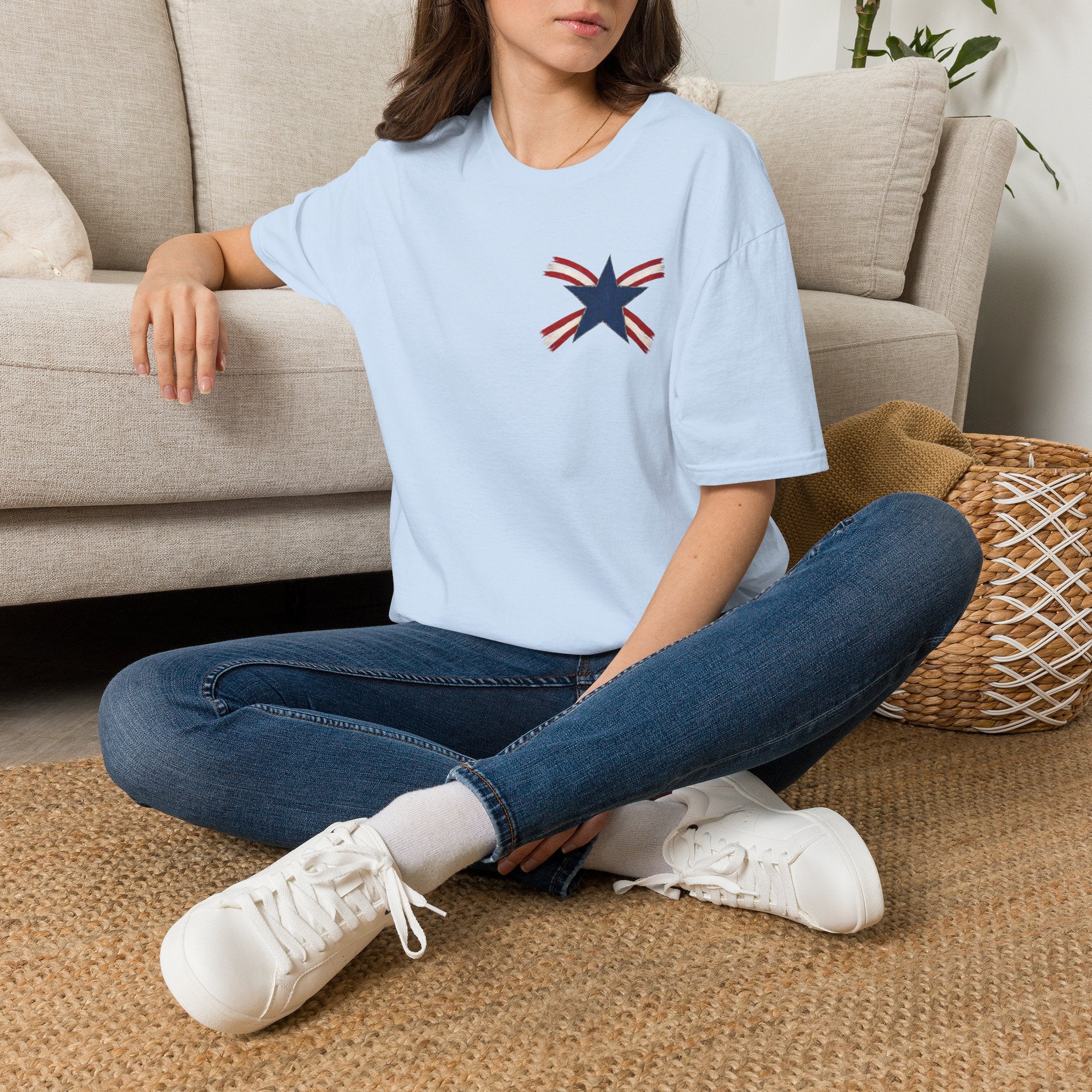 Patriotic Star Tee — Small Distressed Navy Star with Red Stripes