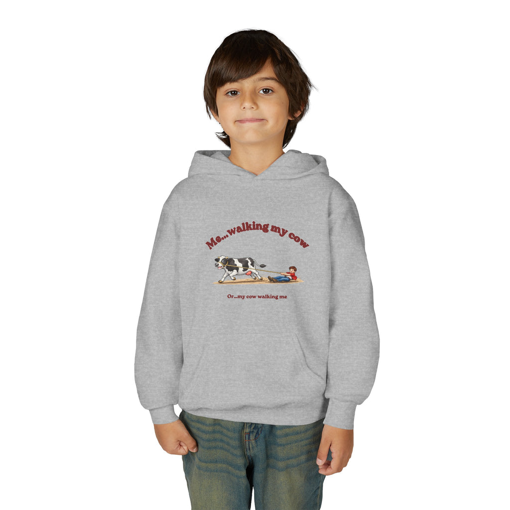 Youth Hoodie — “Me… walking my cow” Cute Kids Cow Graphic Hooded Sweatshirt-boy