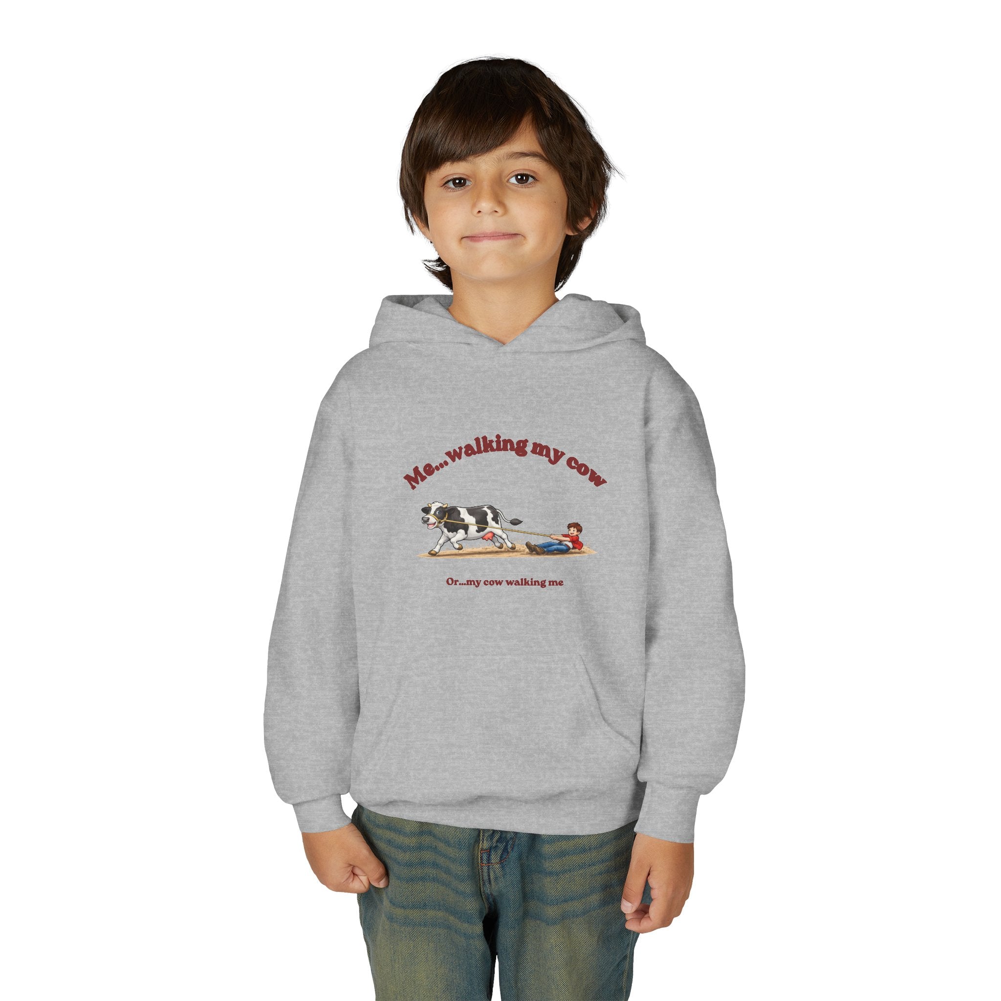 Youth Hoodie — “Me… walking my cow” Cute Kids Cow Graphic Hooded Sweatshirt-boy