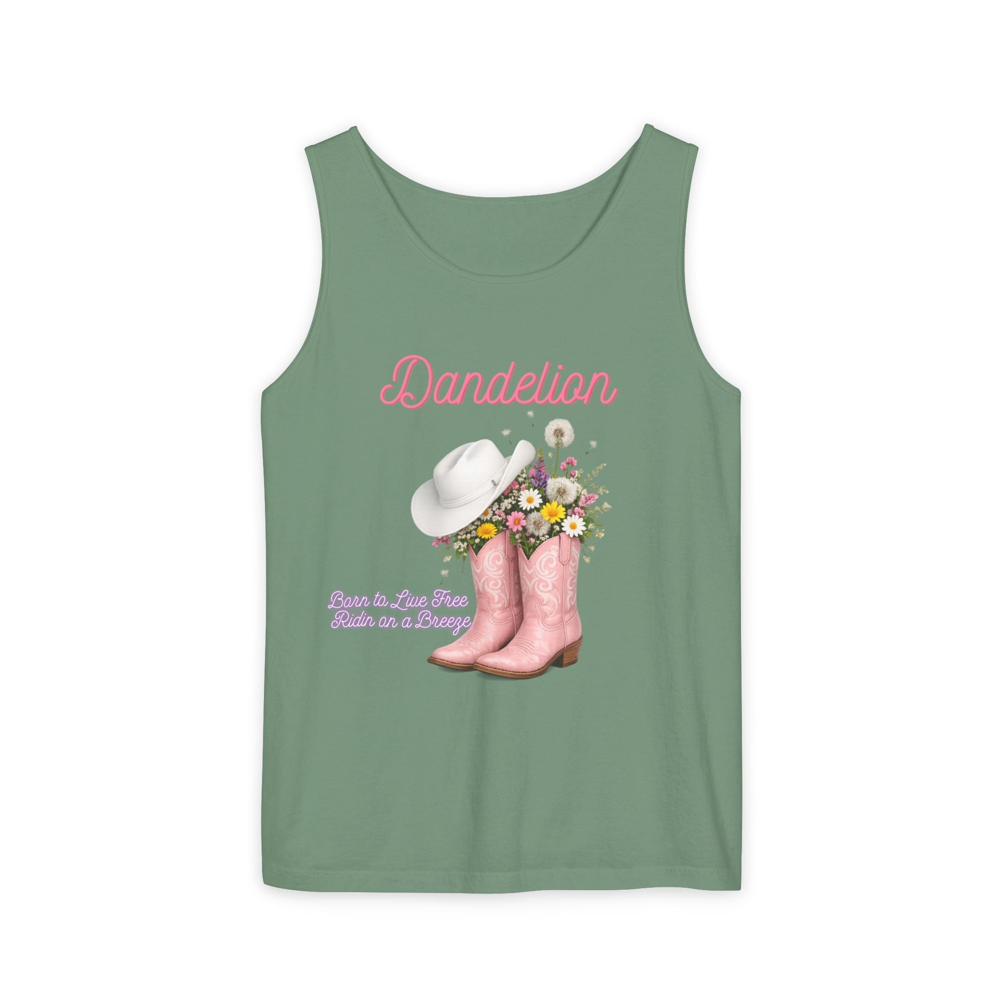 Dandelion Pink Cowboy Boots Tank Top — Floral Western Summer Tee