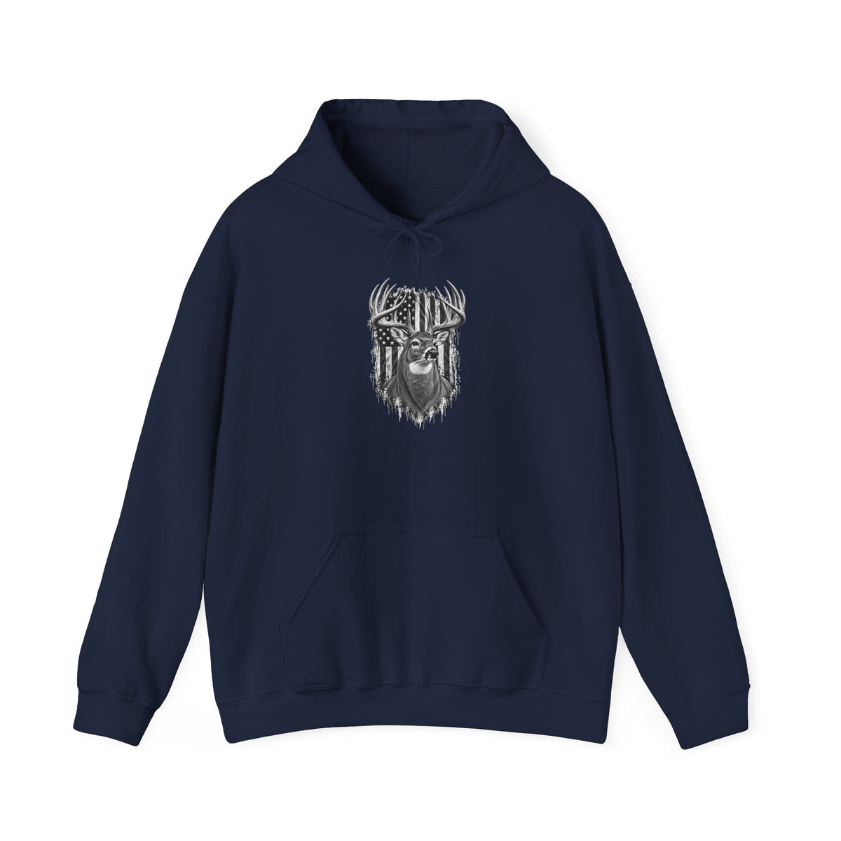 Buck Deer Hoodie with Distressed American Flag, Black Pullover Sweatshirt