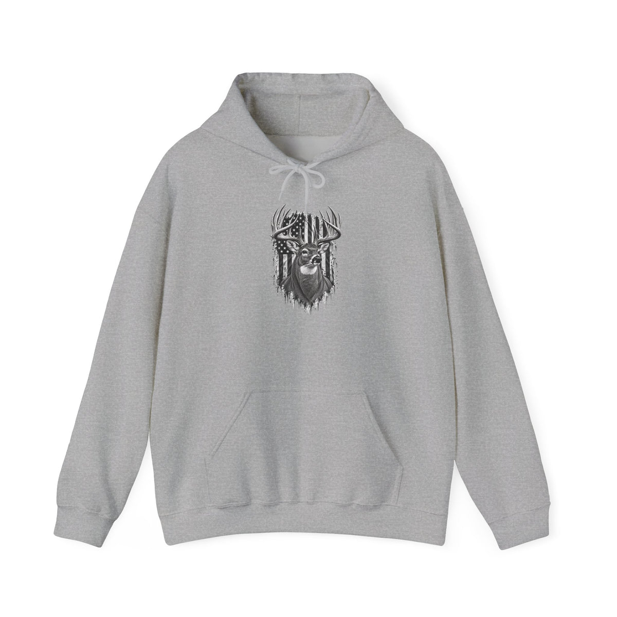 Buck Deer Hoodie with Distressed American Flag, Black Pullover Sweatshirt