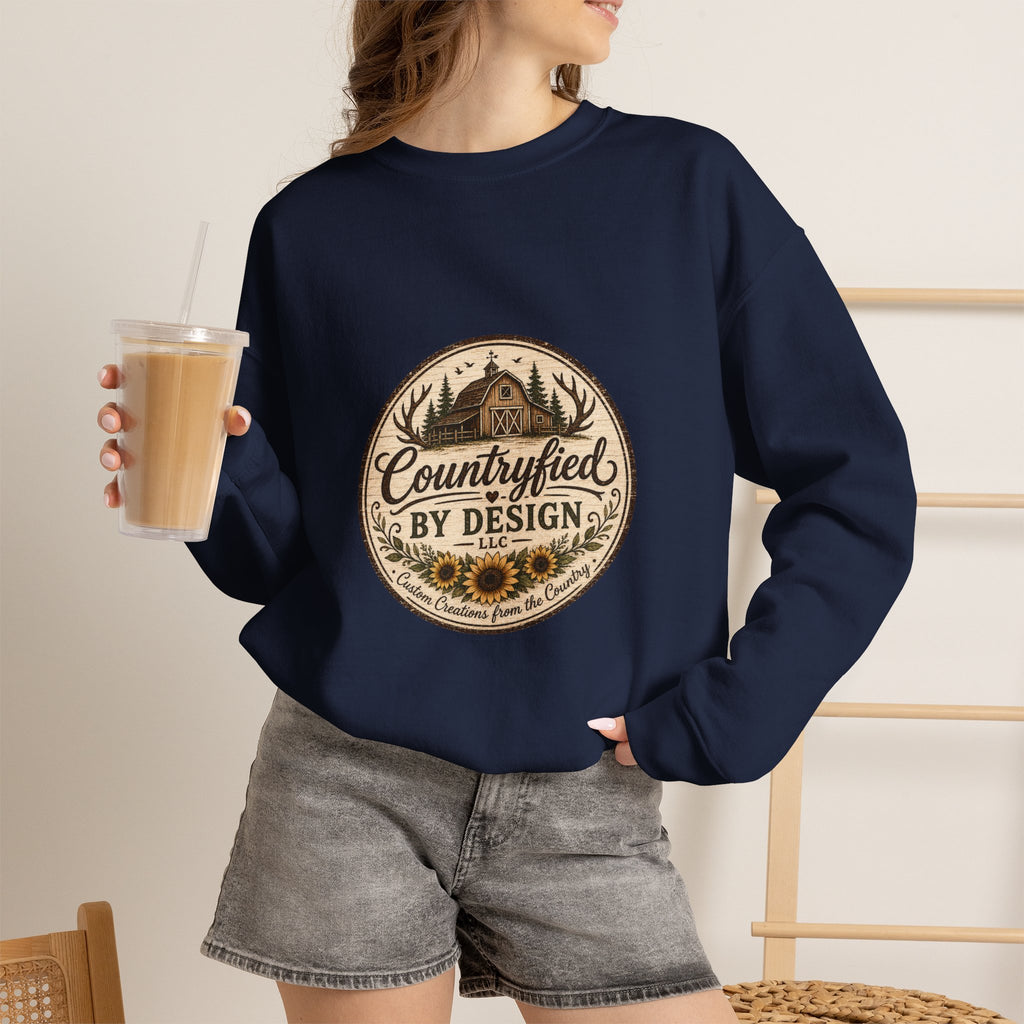 Countryfied By Design Crewneck Sweatshirt — Rustic Farmhouse Graphic Pullover