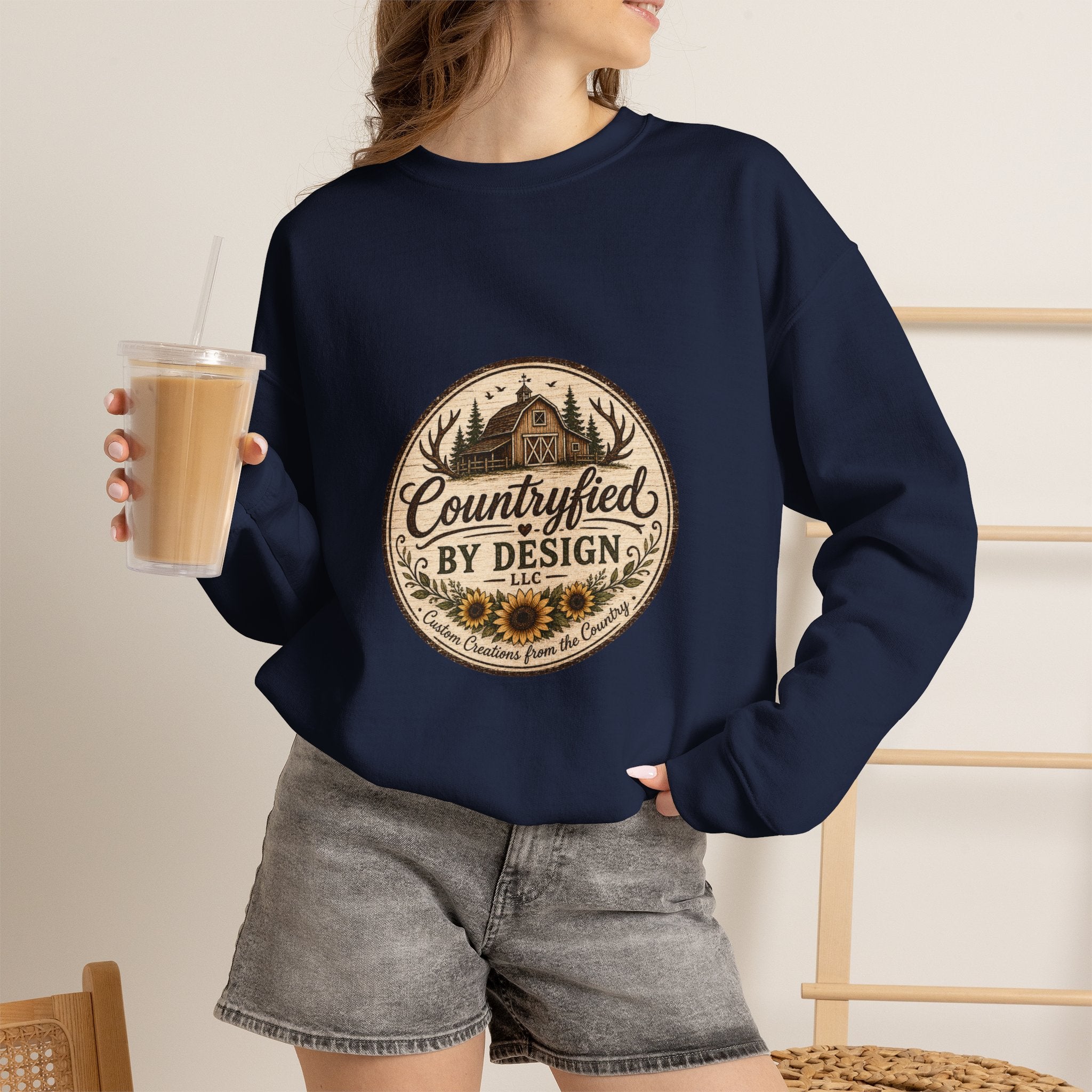 Countryfied By Design Crewneck Sweatshirt — Rustic Farmhouse Graphic Pullover