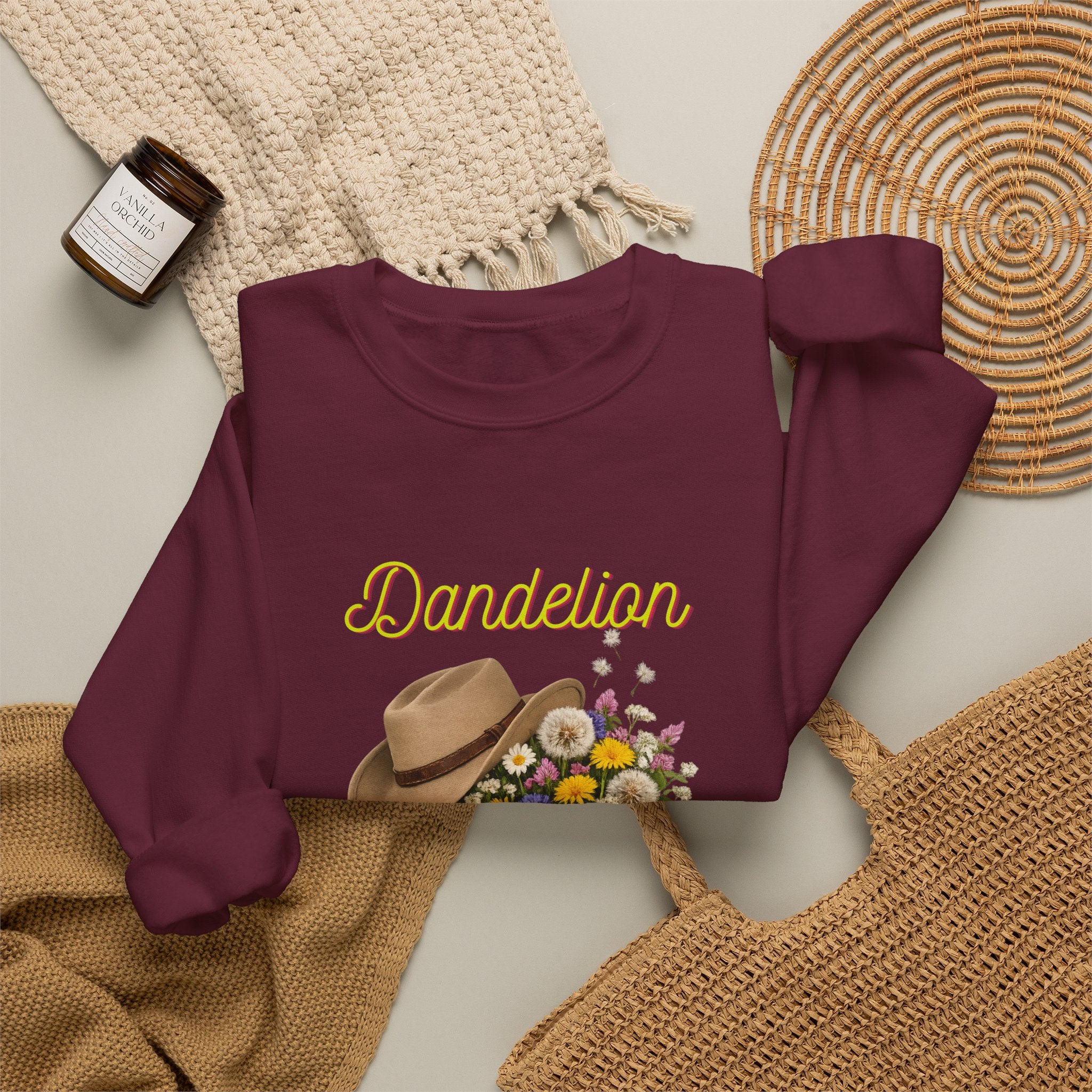 Dandelion Cowboy Boots & Hat Sweatshirt — Floral Western Crewneck