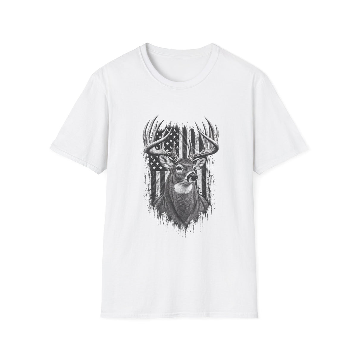 Buck Hunting T-Shirt, Distressed American Flag Deer Graphic Tee, Adult Classic Fit