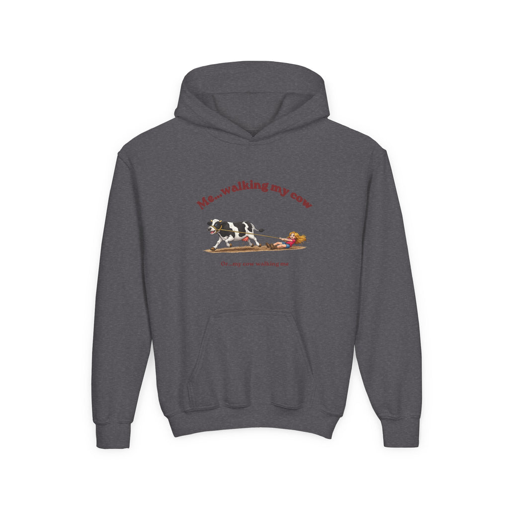 Youth Hoodie — “Me… walking my cow” Cute Cow Illustration Kids Pullover-girl