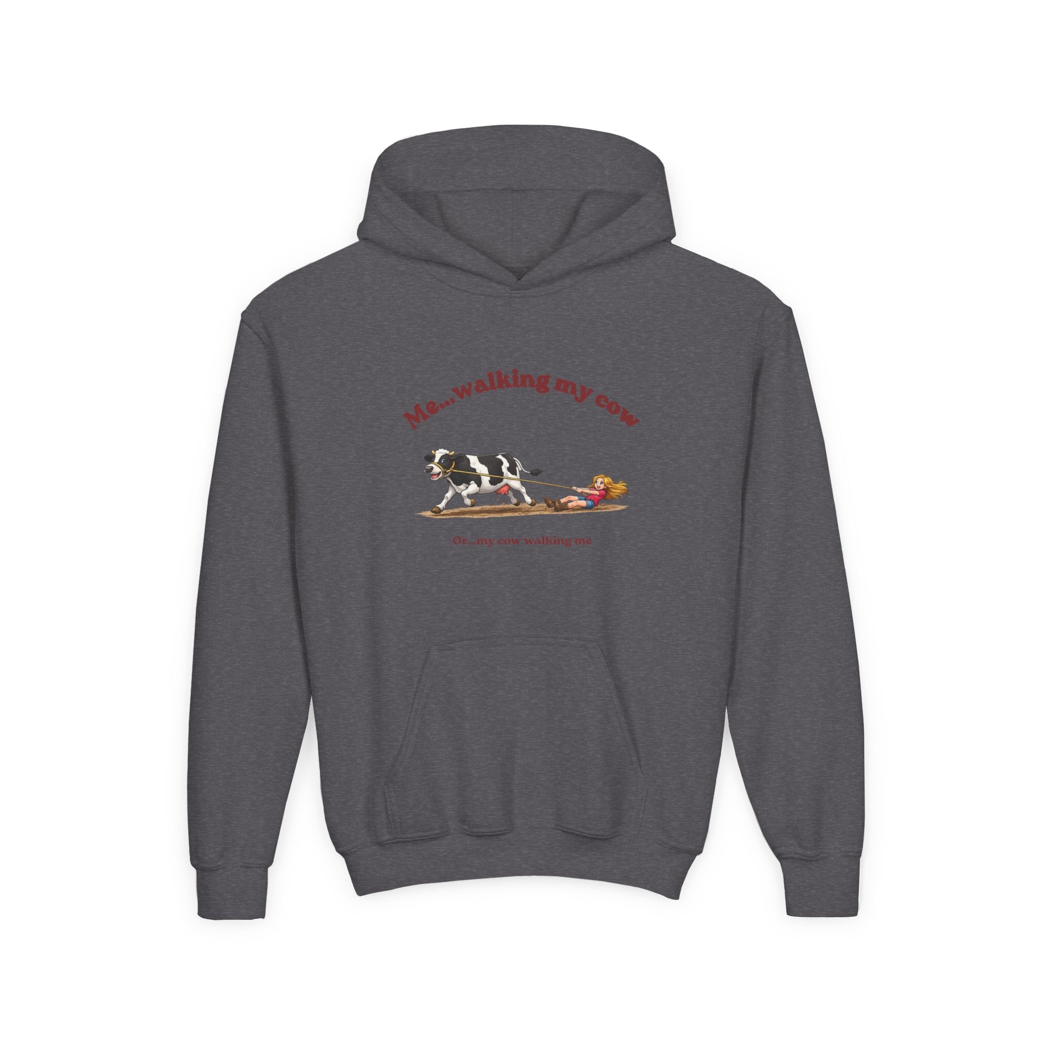 Youth Hoodie — “Me… walking my cow” Cute Cow Illustration Kids Pullover-girl