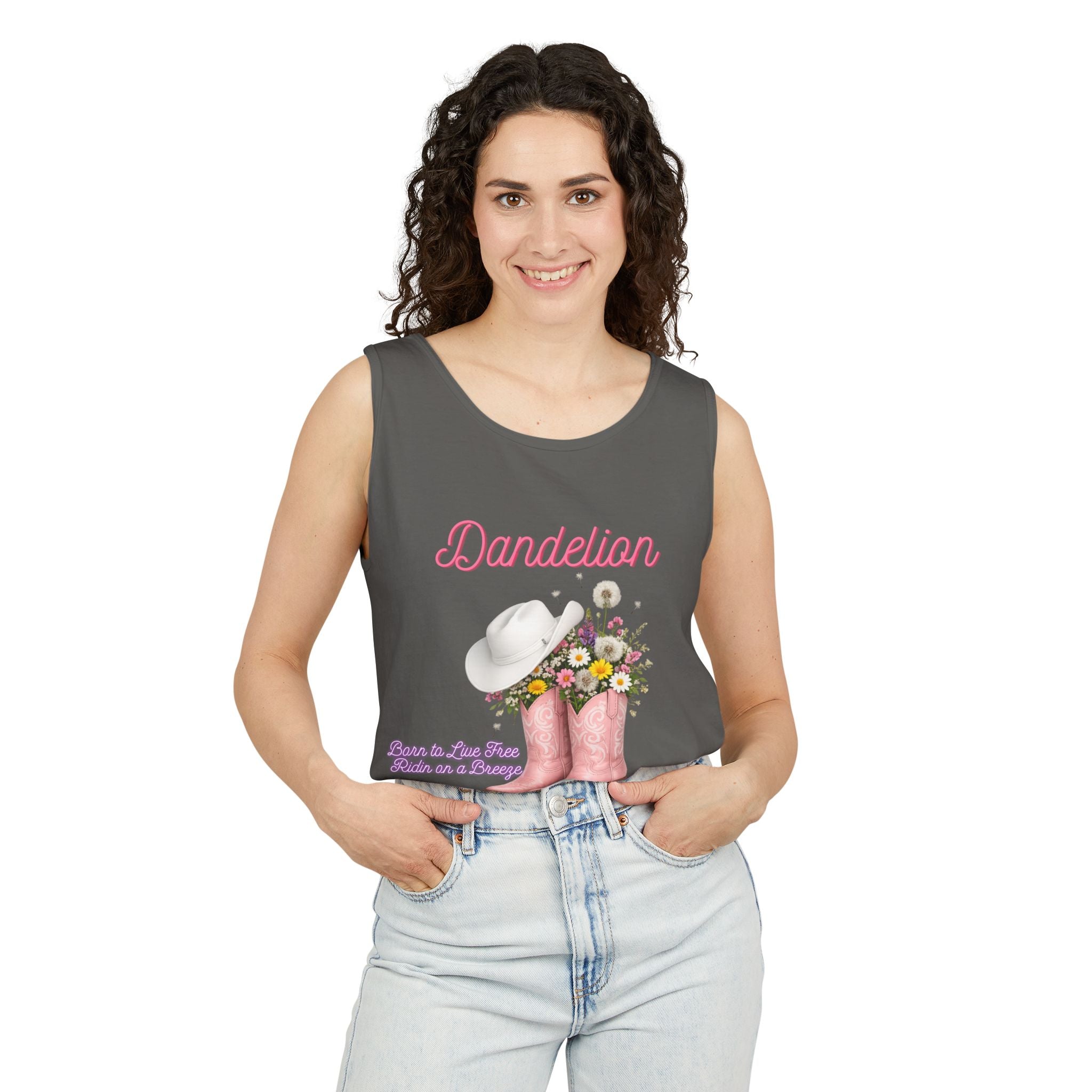 Dandelion Pink Cowboy Boots Tank Top — Floral Western Summer Tee
