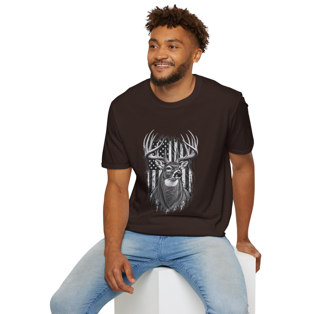 Buck Hunting T-Shirt, Distressed American Flag Deer Graphic Tee, Adult Classic Fit