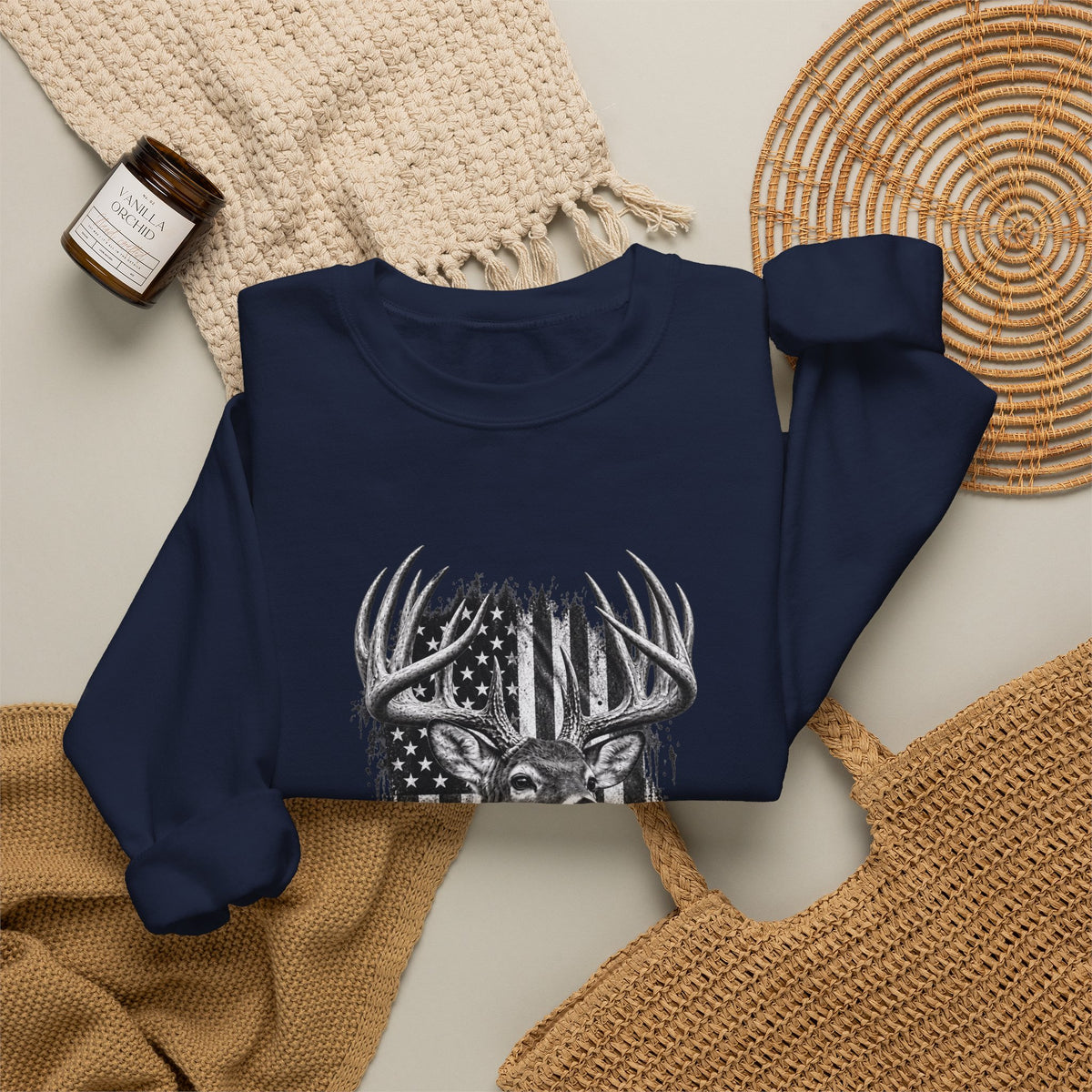 Deer Crewneck Sweatshirt with Distressed American Flag and Black and White Buck Design
