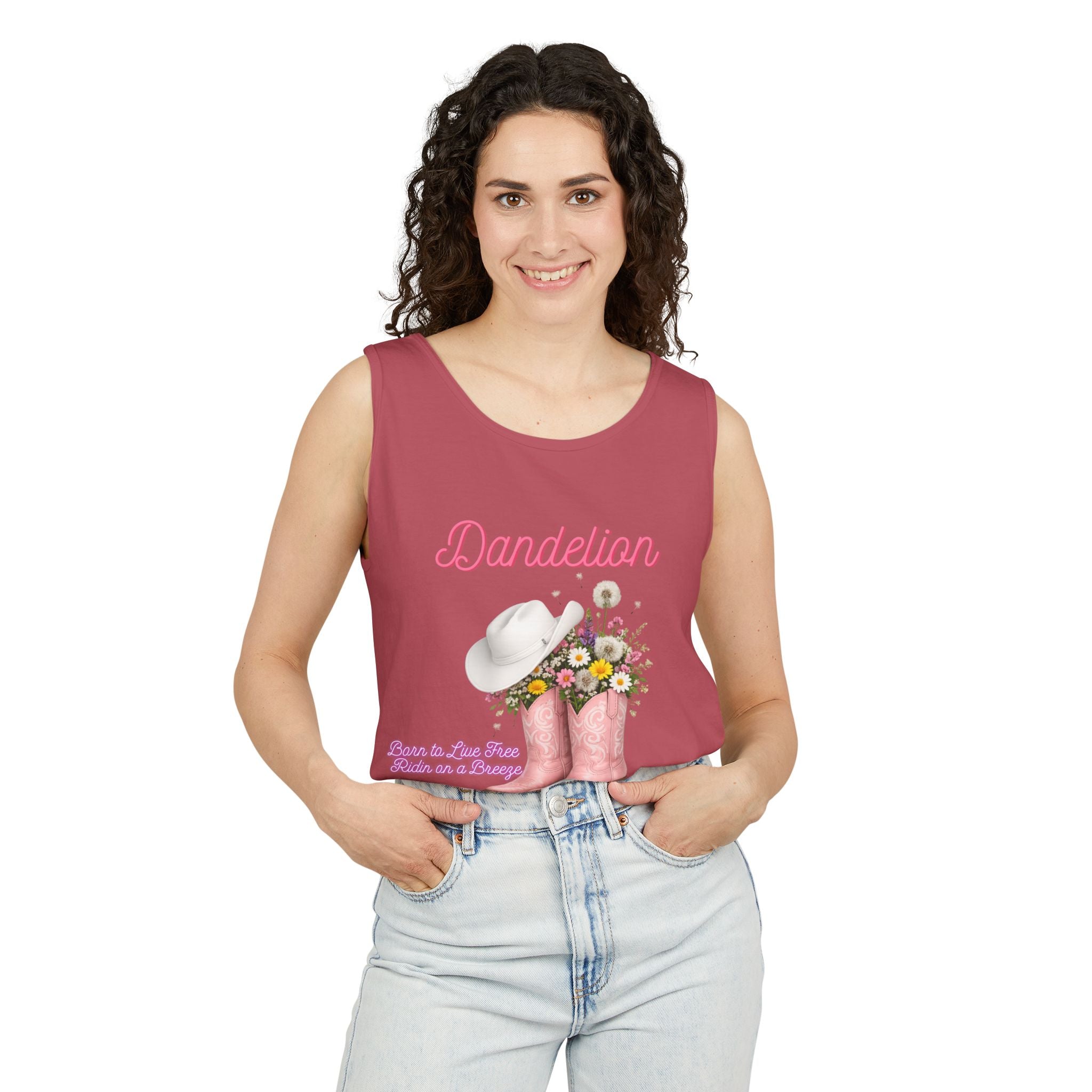 Dandelion Pink Cowboy Boots Tank Top — Floral Western Summer Tee