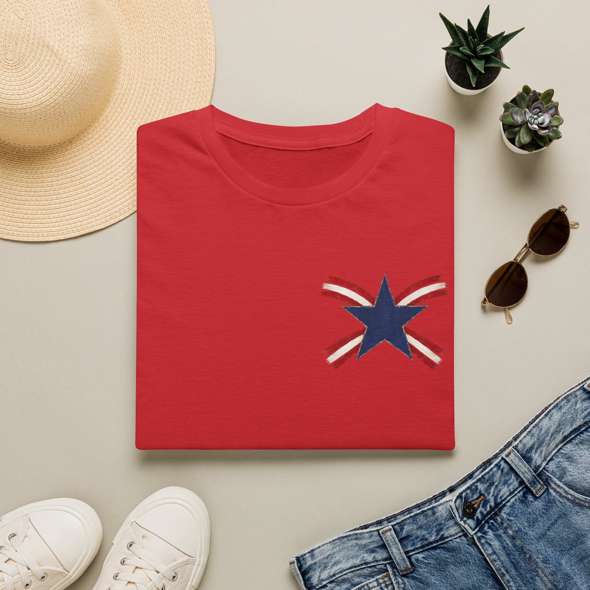 Patriotic Star Tee — Small Distressed Navy Star with Red Stripes
