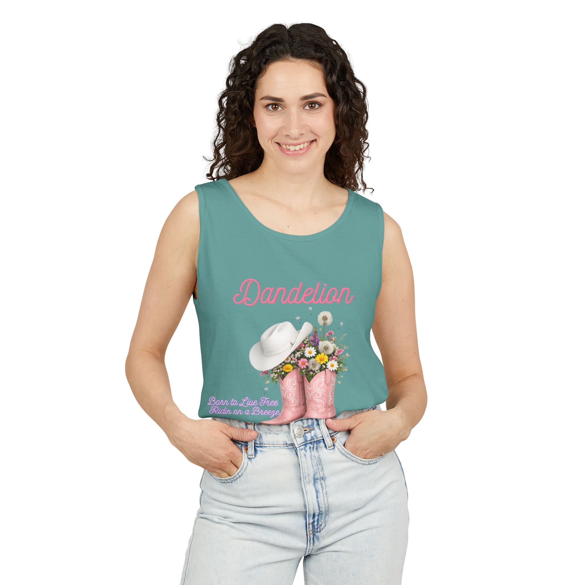Dandelion Pink Cowboy Boots Tank Top — Floral Western Summer Tee