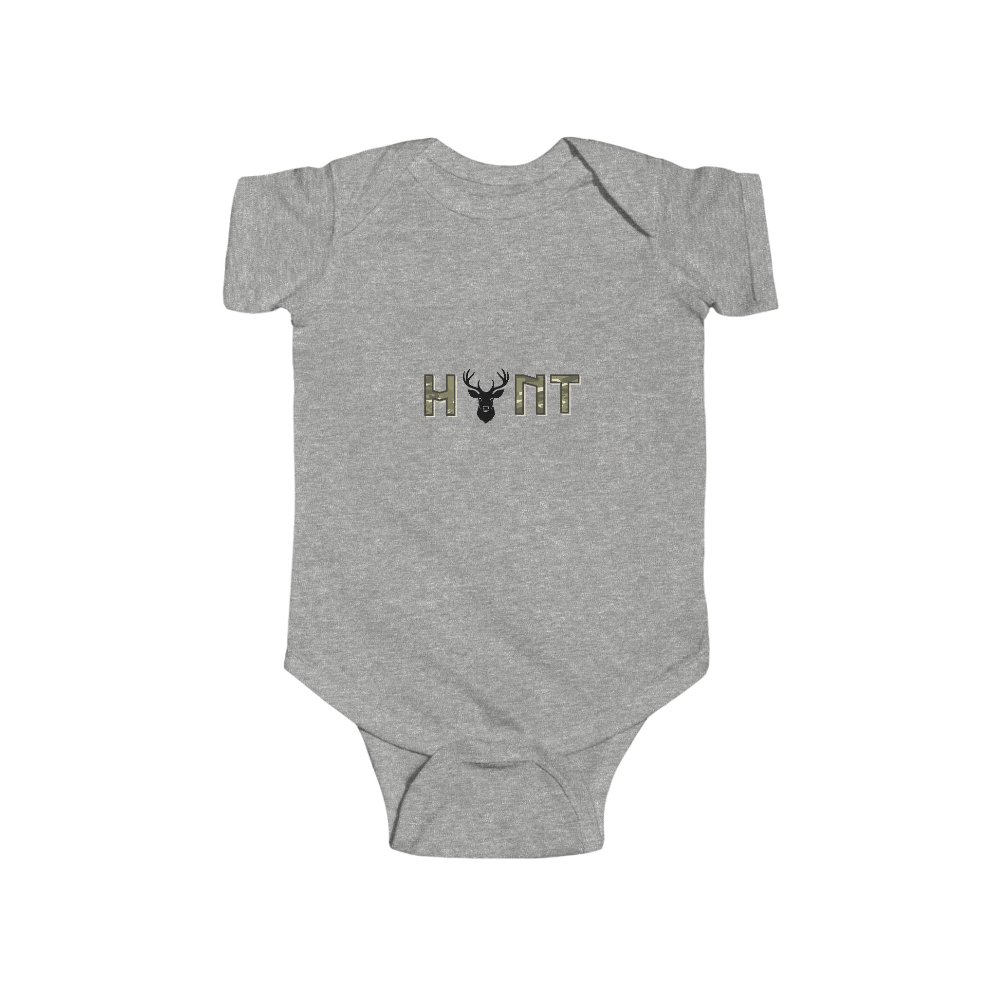 Infant Bodysuit “HUNT” Camo Deer Graphic - Baby Boy Girl Hunting Tee