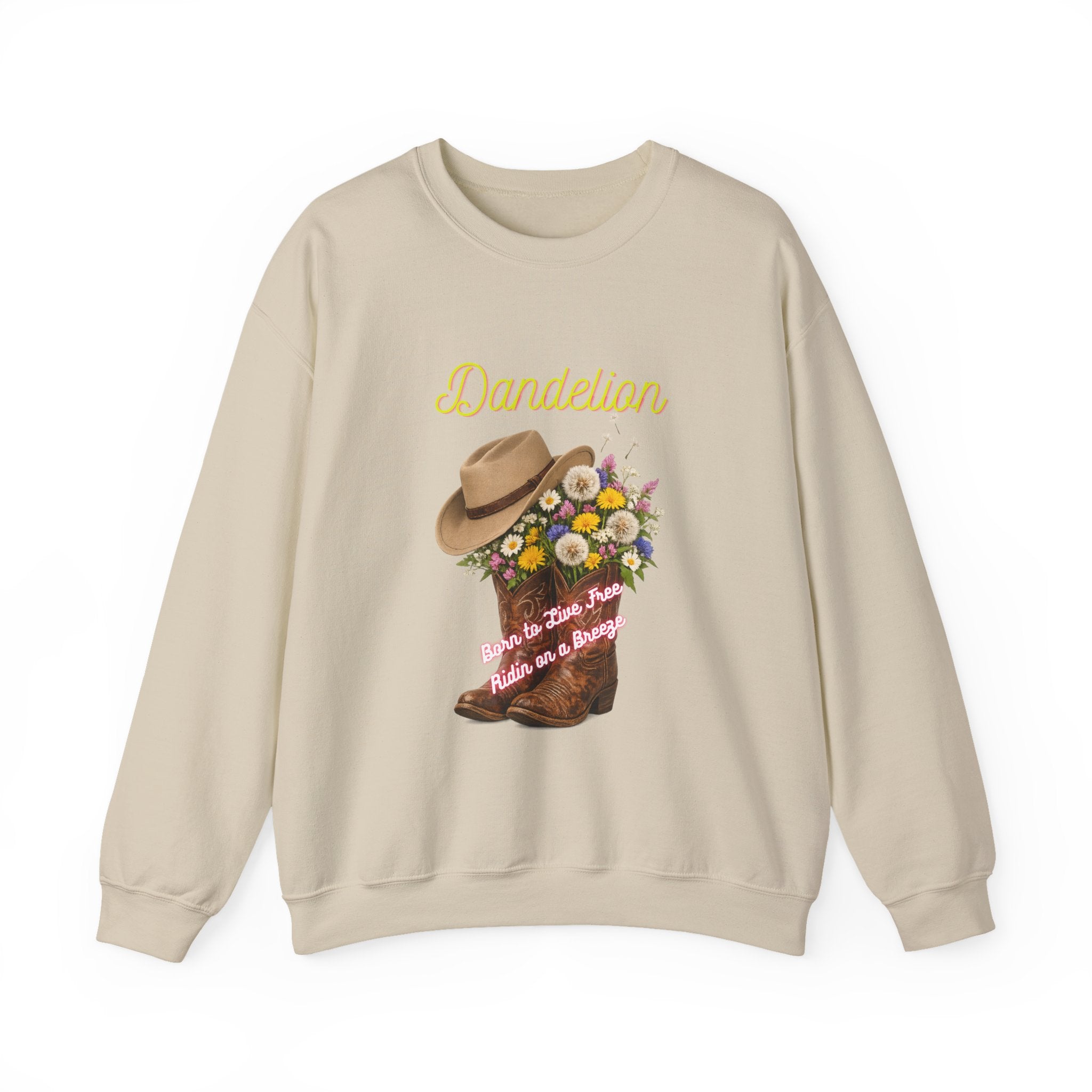 Dandelion Cowboy Boots & Hat Sweatshirt — Floral Western Crewneck