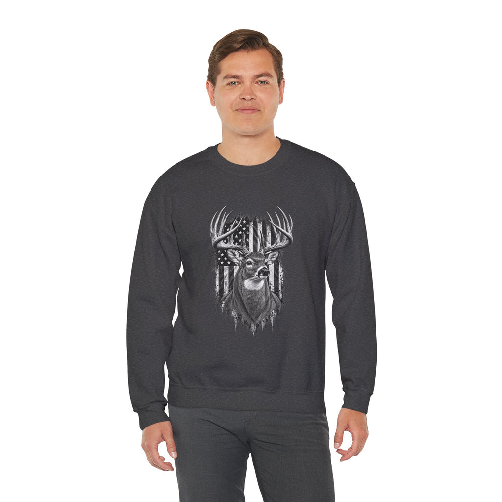 Deer Crewneck Sweatshirt with Distressed American Flag and Black and White Buck Design