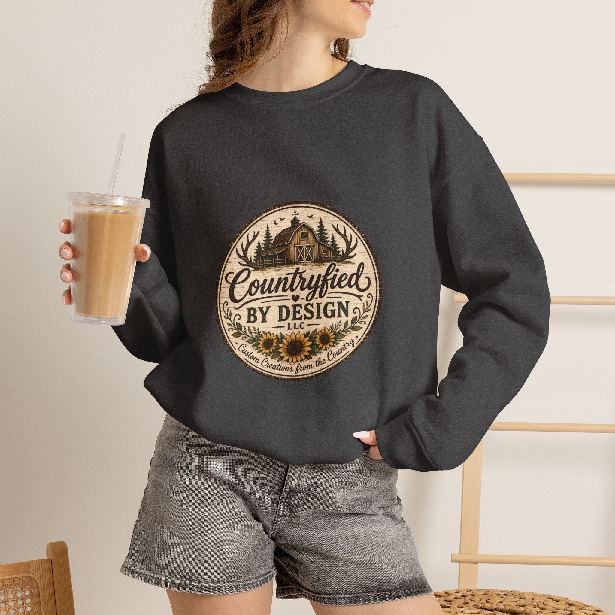 Countryfied By Design Crewneck Sweatshirt — Rustic Farmhouse Graphic Pullover