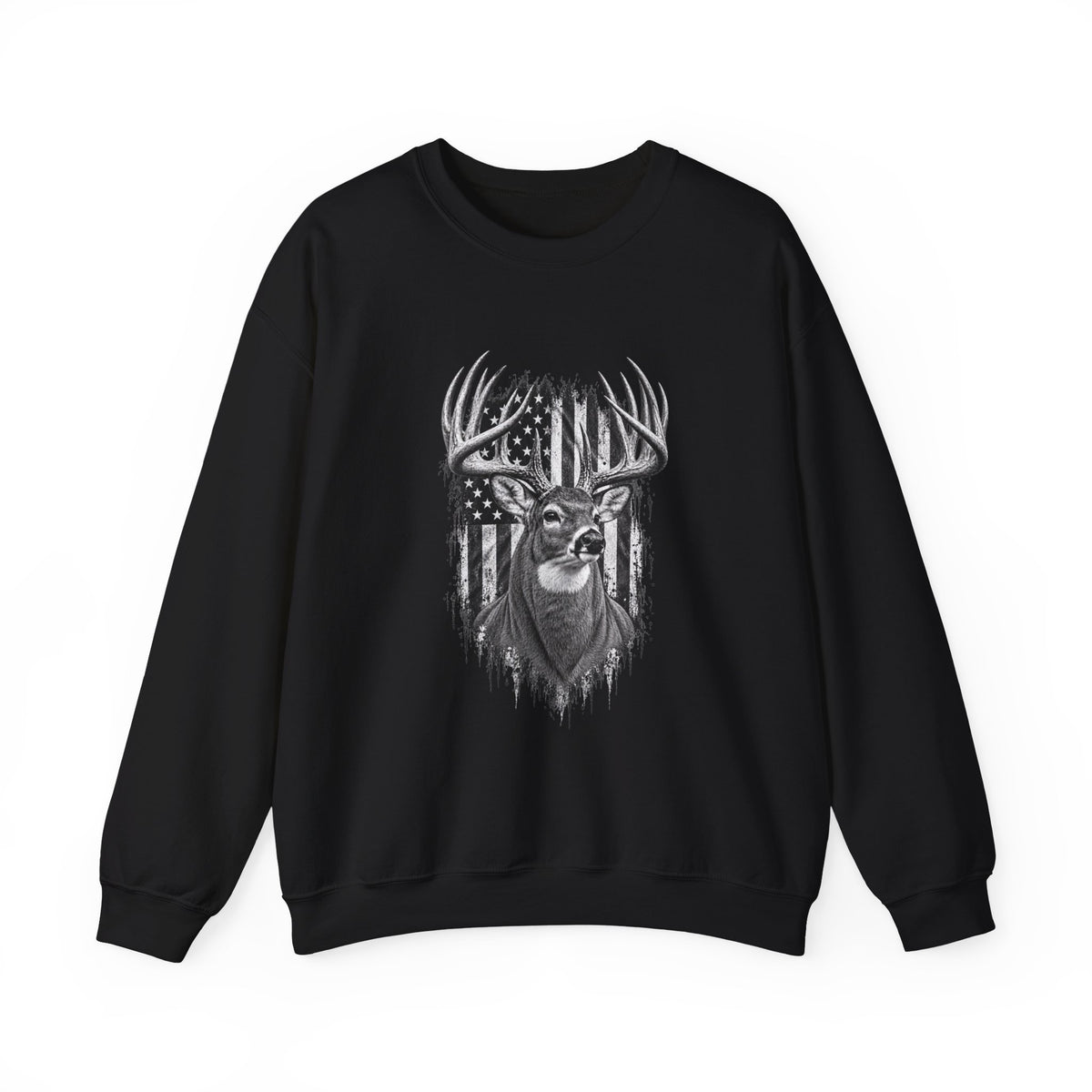 Deer Crewneck Sweatshirt with Distressed American Flag and Black and White Buck Design