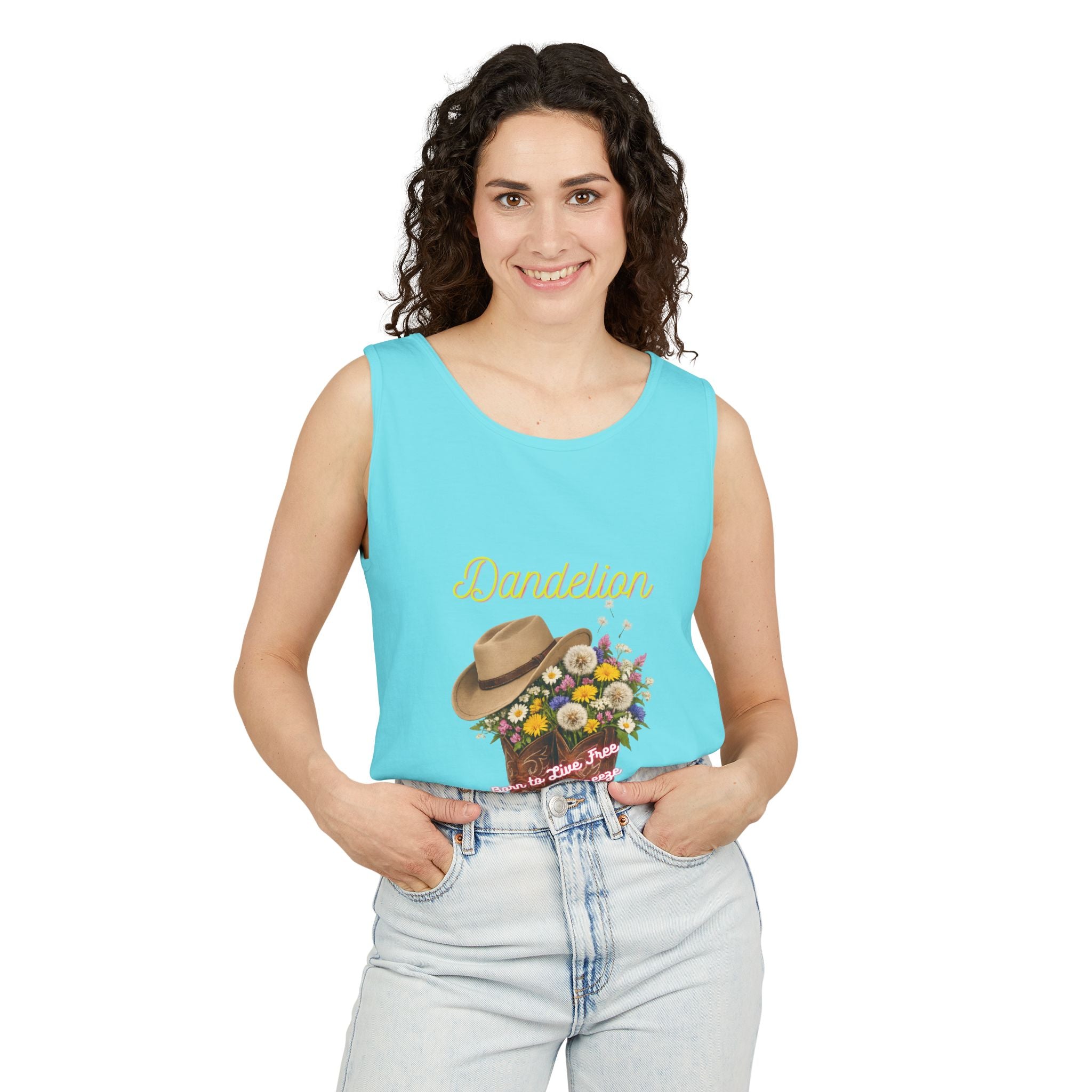 Dandelion Cowboy Boot Tank Top — Floral Western Graphic Summer Tee