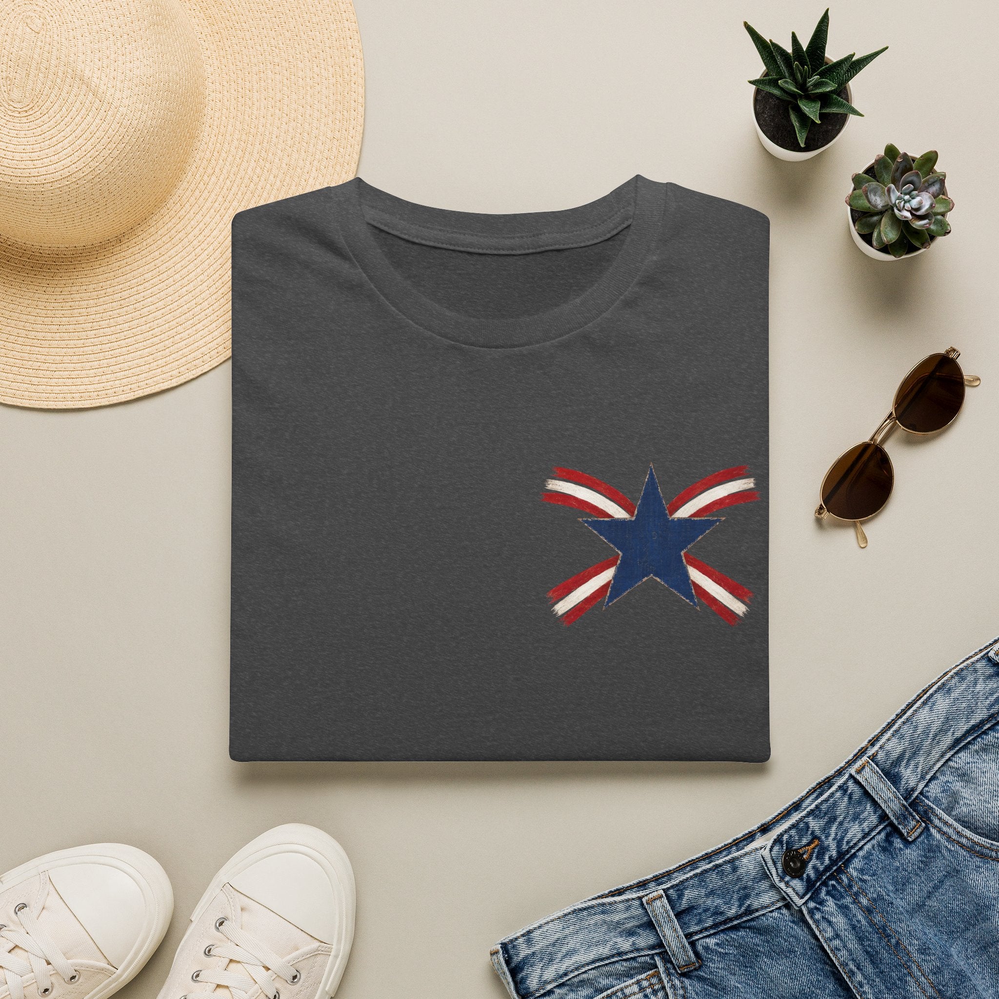 Patriotic Star Tee — Small Distressed Navy Star with Red Stripes