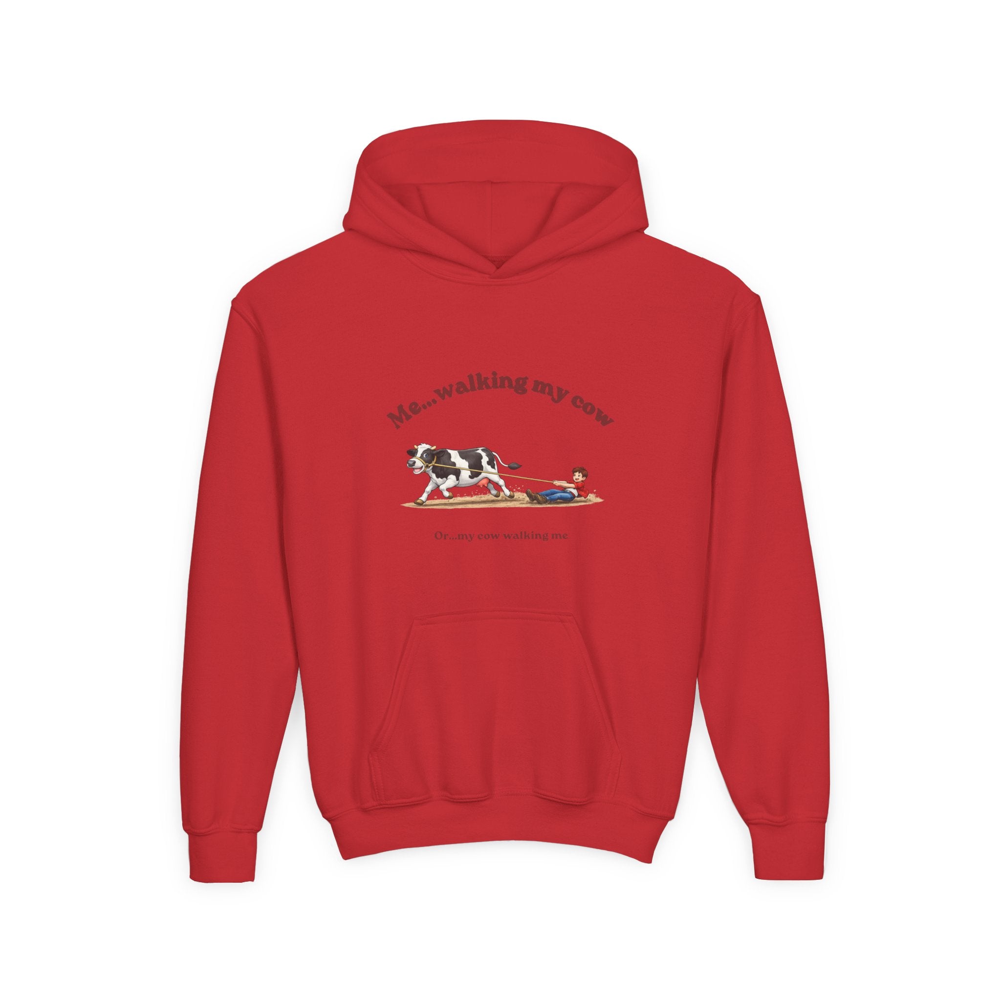 Youth Hoodie — “Me… walking my cow” Cute Kids Cow Graphic Hooded Sweatshirt-boy