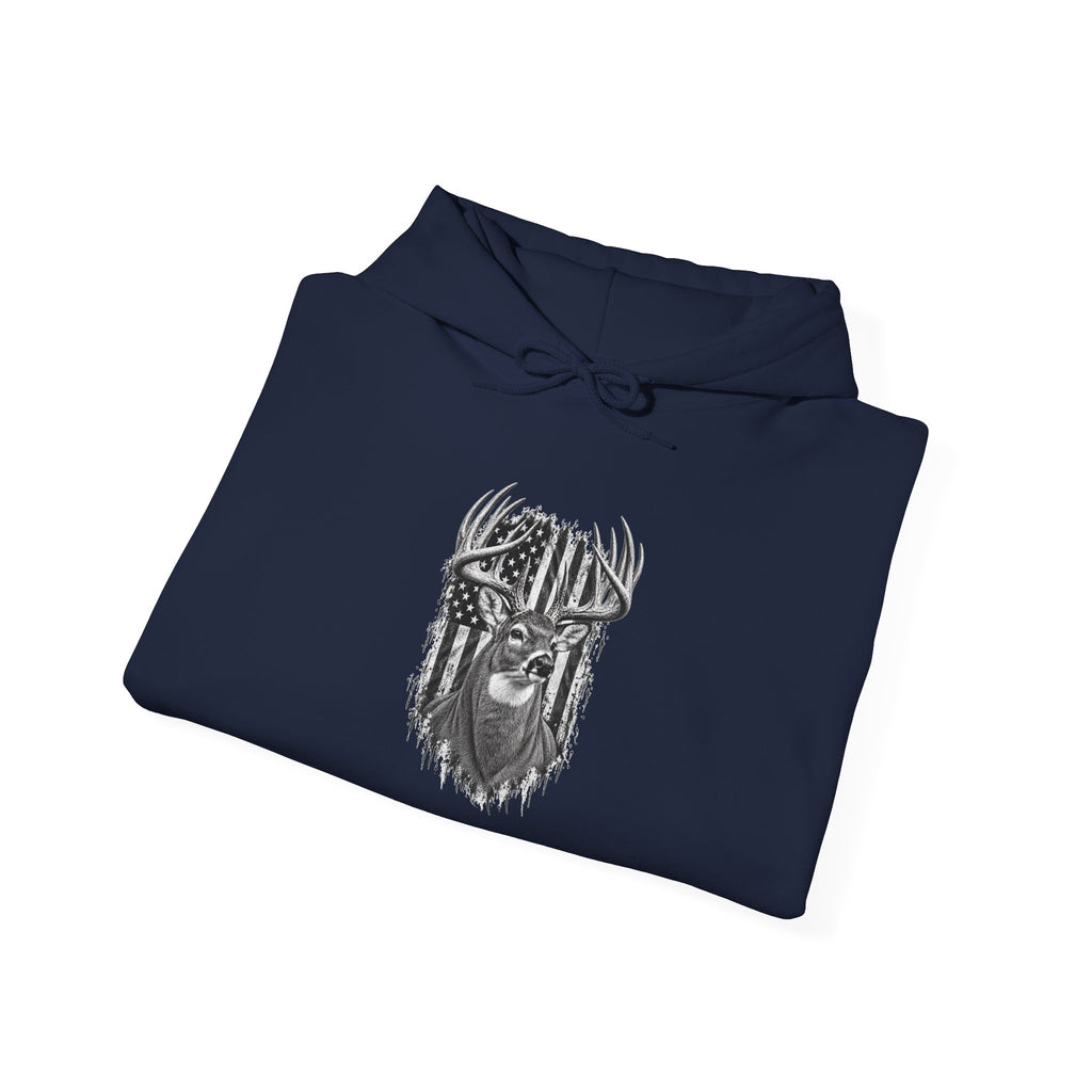 Buck Deer Hoodie with Distressed American Flag, Black Pullover Sweatshirt