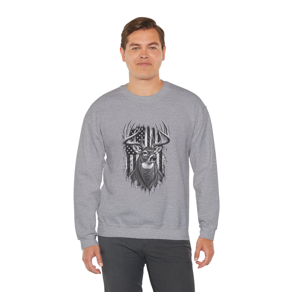 Deer Crewneck Sweatshirt with Distressed American Flag and Black and White Buck Design