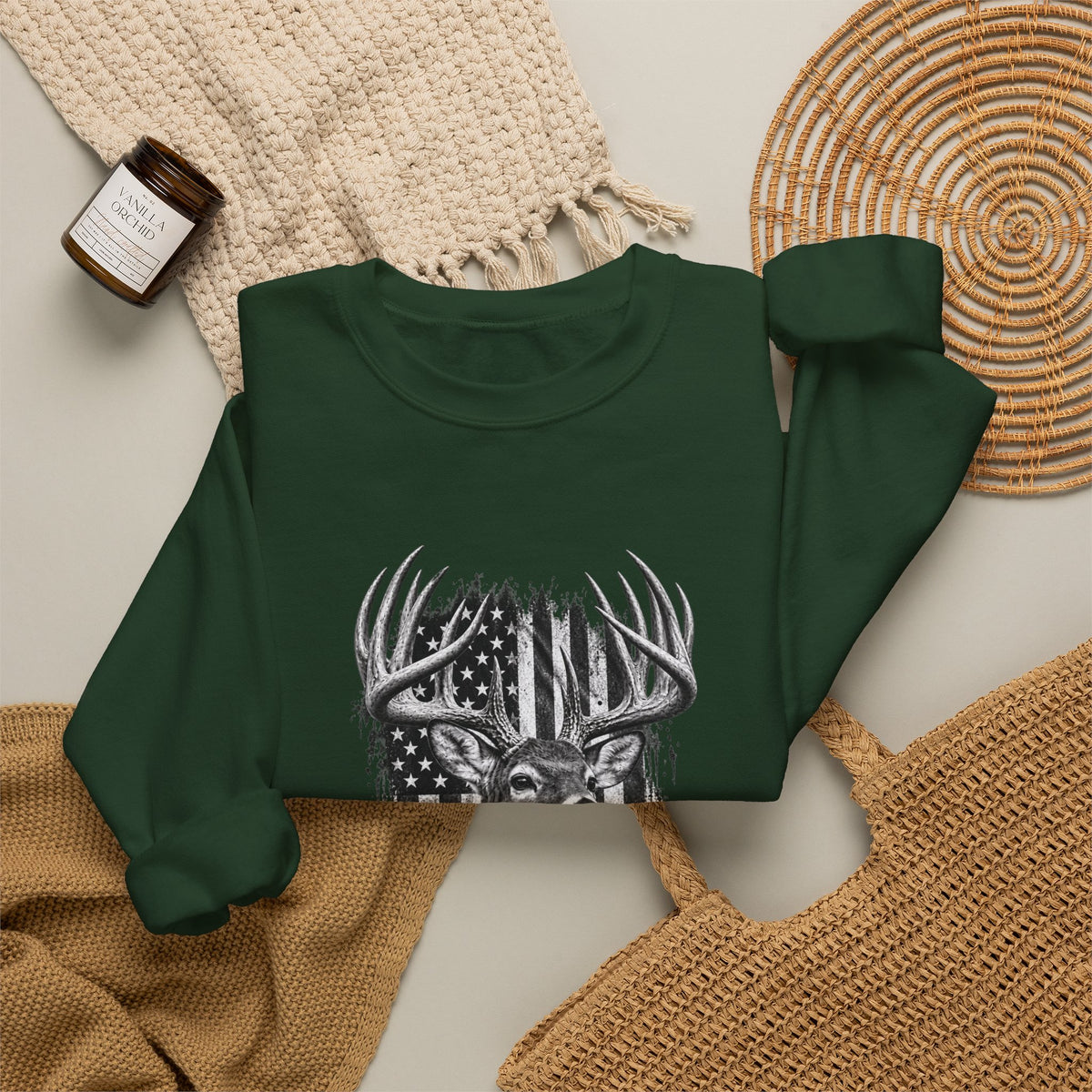 Deer Crewneck Sweatshirt with Distressed American Flag and Black and White Buck Design